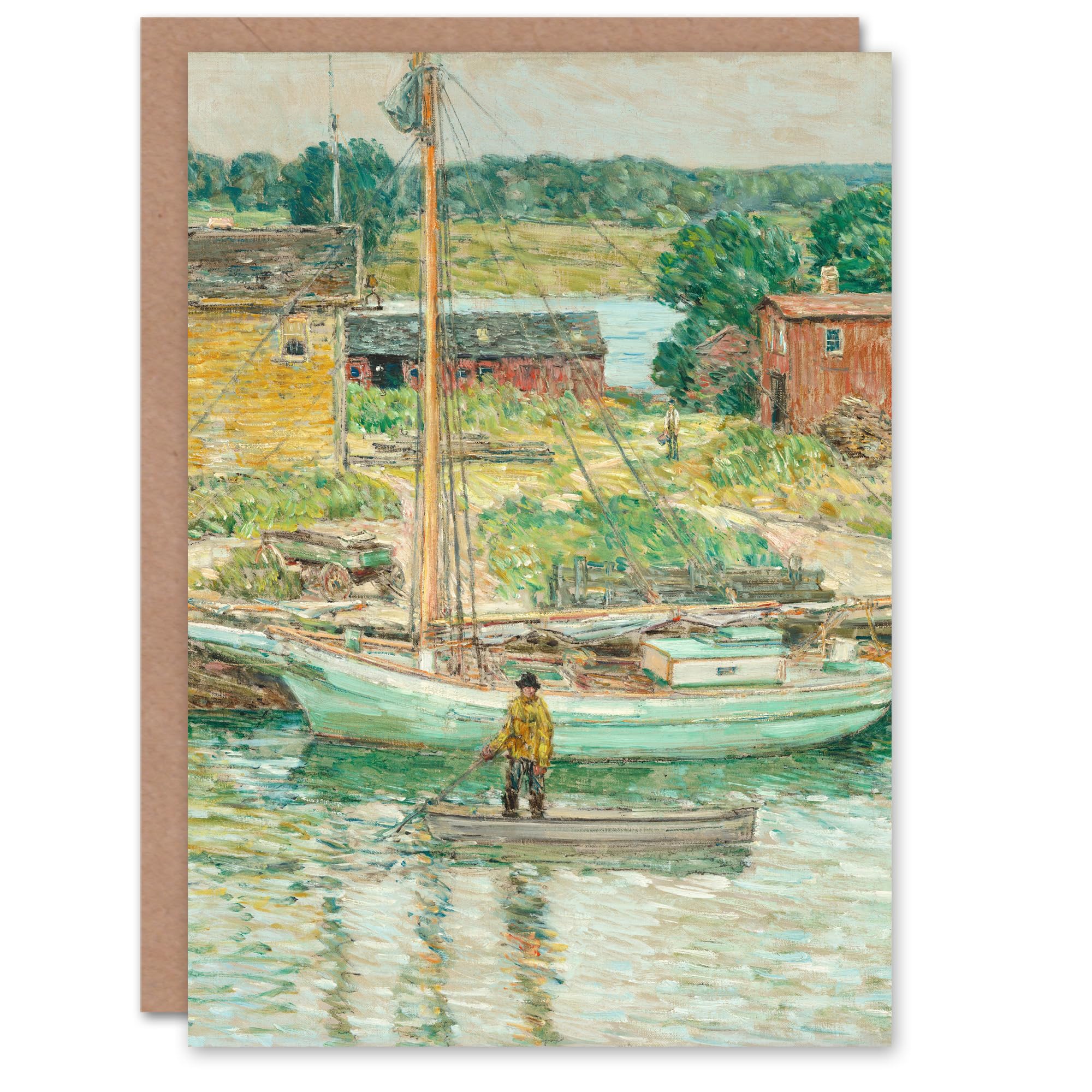 Artery8 Childe Hassam Art Card Oyster Sloop Sailboat in Cos Cob Harbour