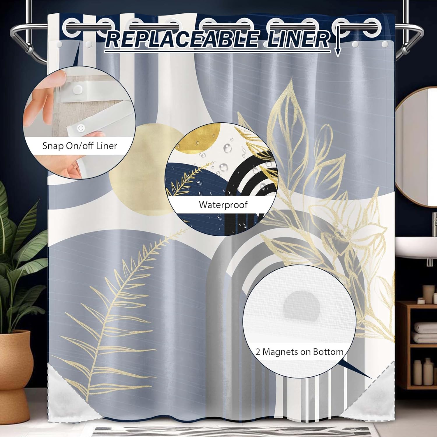 Navy Blue Hookless Shower Curtain with Snap in Liner Set, Boho Dark Blue and Gold No Hook Shower Curtains for Mens Bathroom, Liner with Magnets, Waterproof Cloth Fabric, 71" W x 74" L