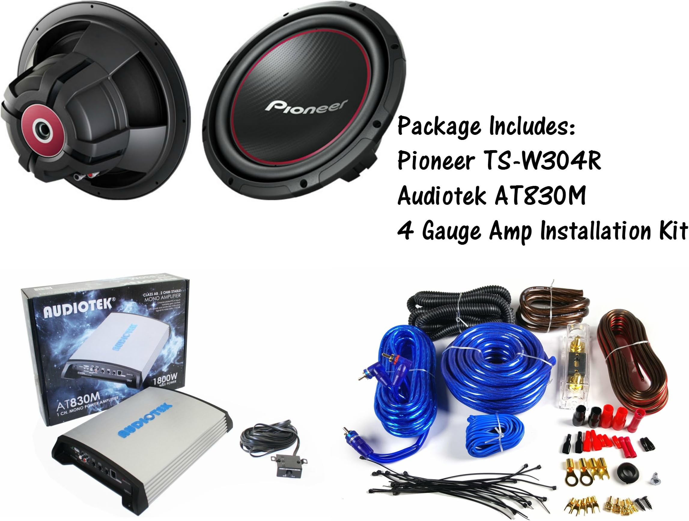 PACKAGE- (2) Pioneer TS-W304R 12-Inch Component Subwoofer + Monoblock 1CH 1800W Amplifier + 4 Gauge Amplifier Installation Kit