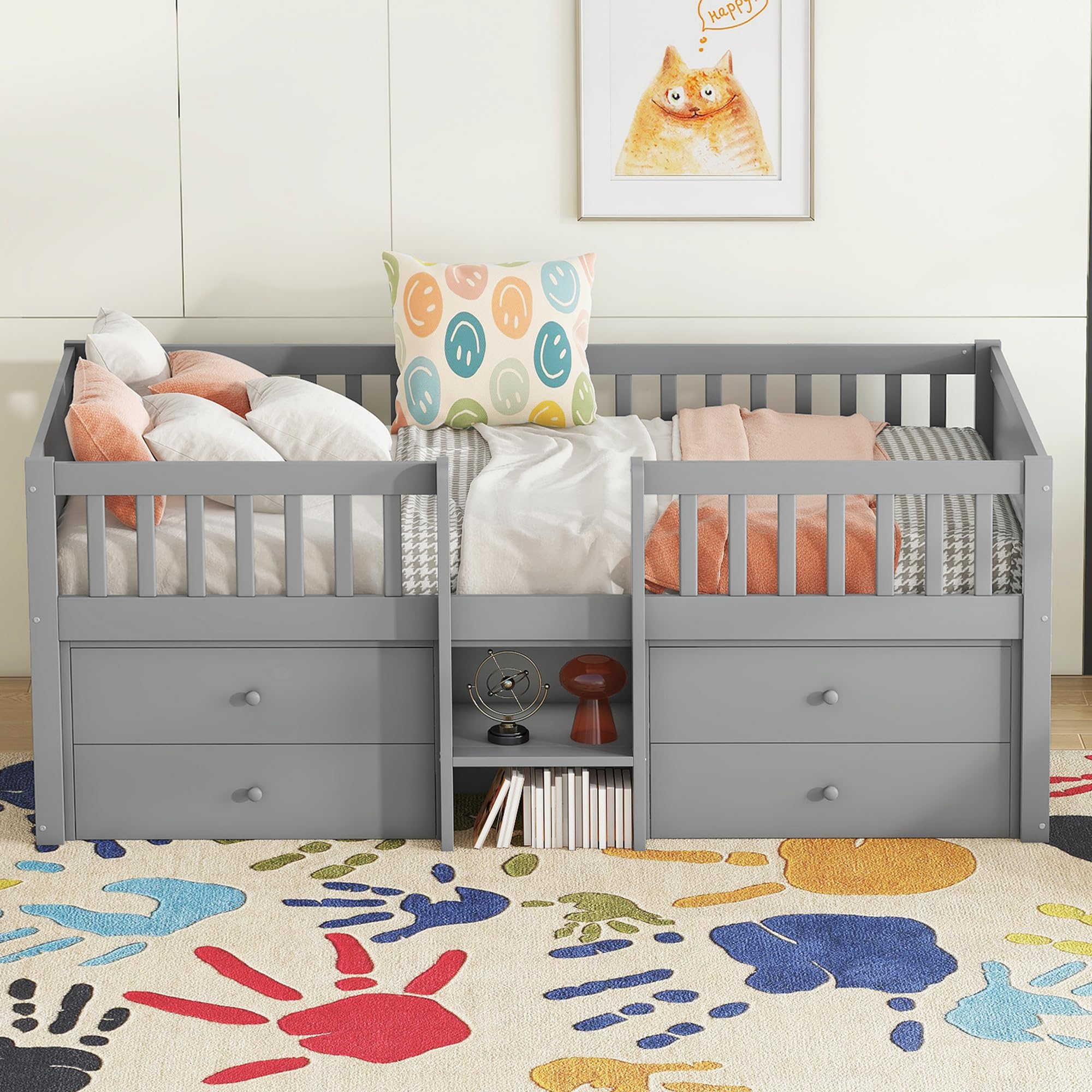 Lubvtti Cama para niños con 4 cajones, Cama Montessori 90 x 200 cm,Cama Infantil con barandilla y Base de láminas, sin colchón, Estilo Minimalista, Gris