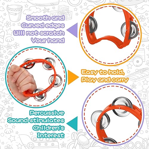 Miniatura 3 de Wettarn Pandereta para niños, 24 campanas de plástico de mano, 24 platillos de colores, juguetes de ritmo de percusión, instrumentos musicales para