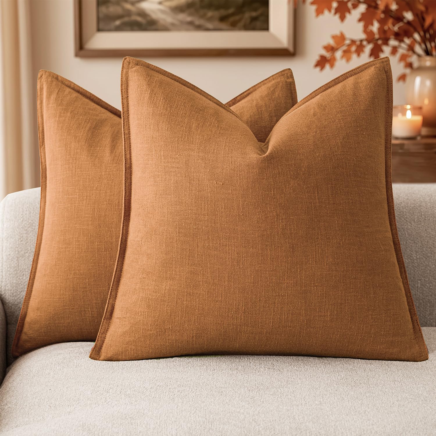 Foindtower Set of 2 Linen Euro Throw Pillow Covers 22x22 Inch, Autumn Orange, Model FLPC-2229