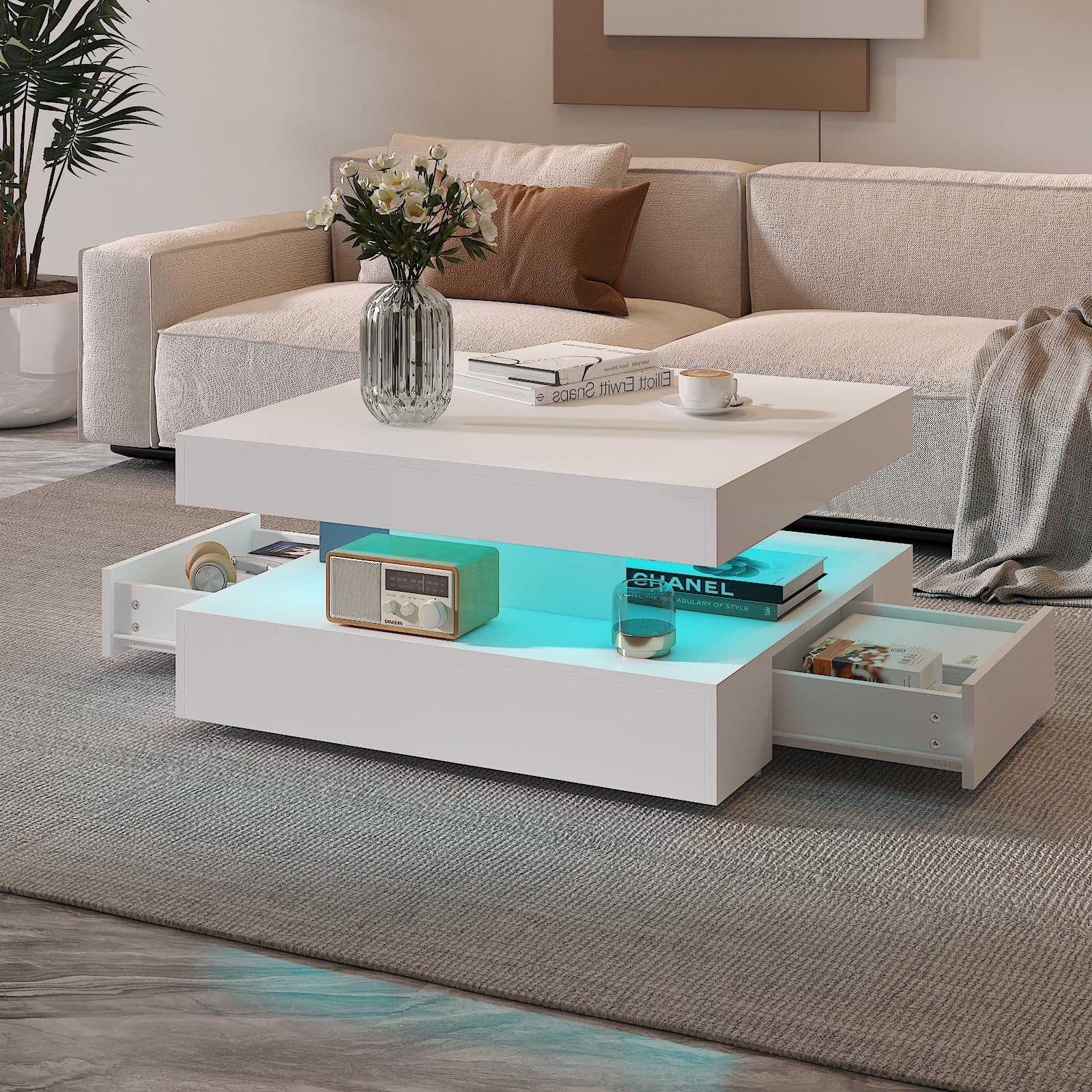 KEEPREAPER White LED Coffee Table with 2 Storage Drawers for Living Room