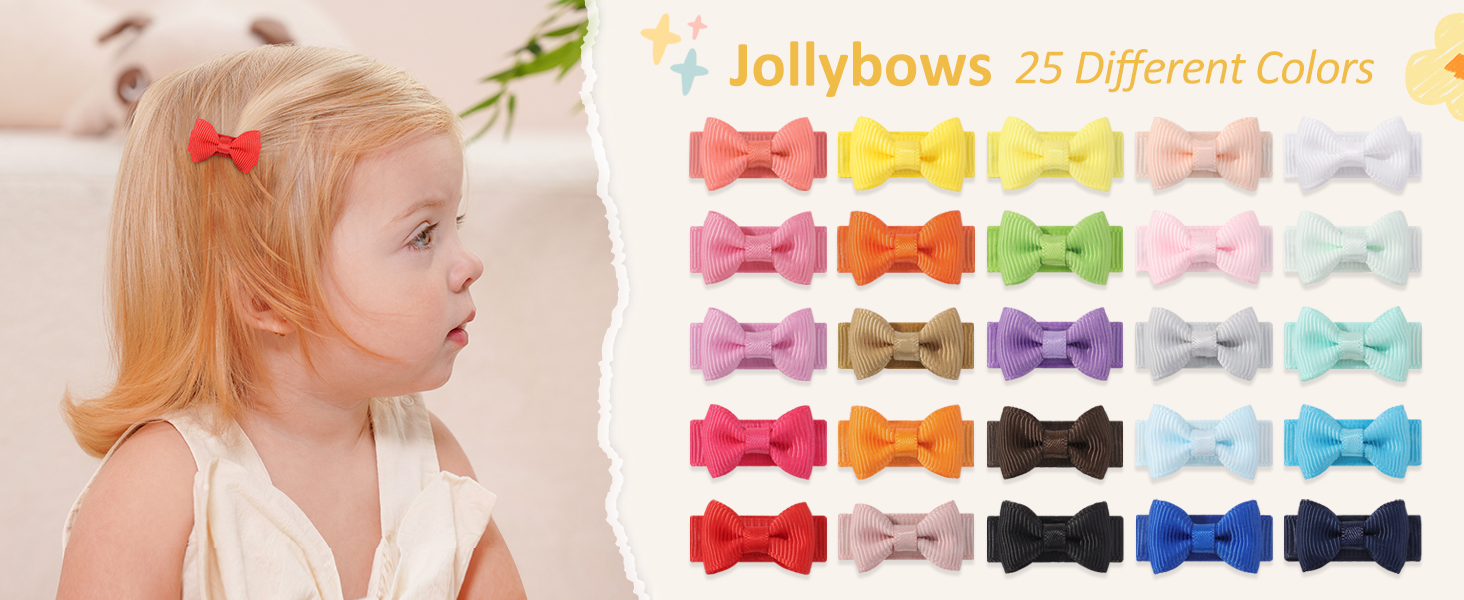 Jollybows 50 fermagli per capelli piccoli fiocchi 3 cm, clip a scatto mini nastro grosgrain, per bambine e bambini, capelli fini (25 colori in coppia