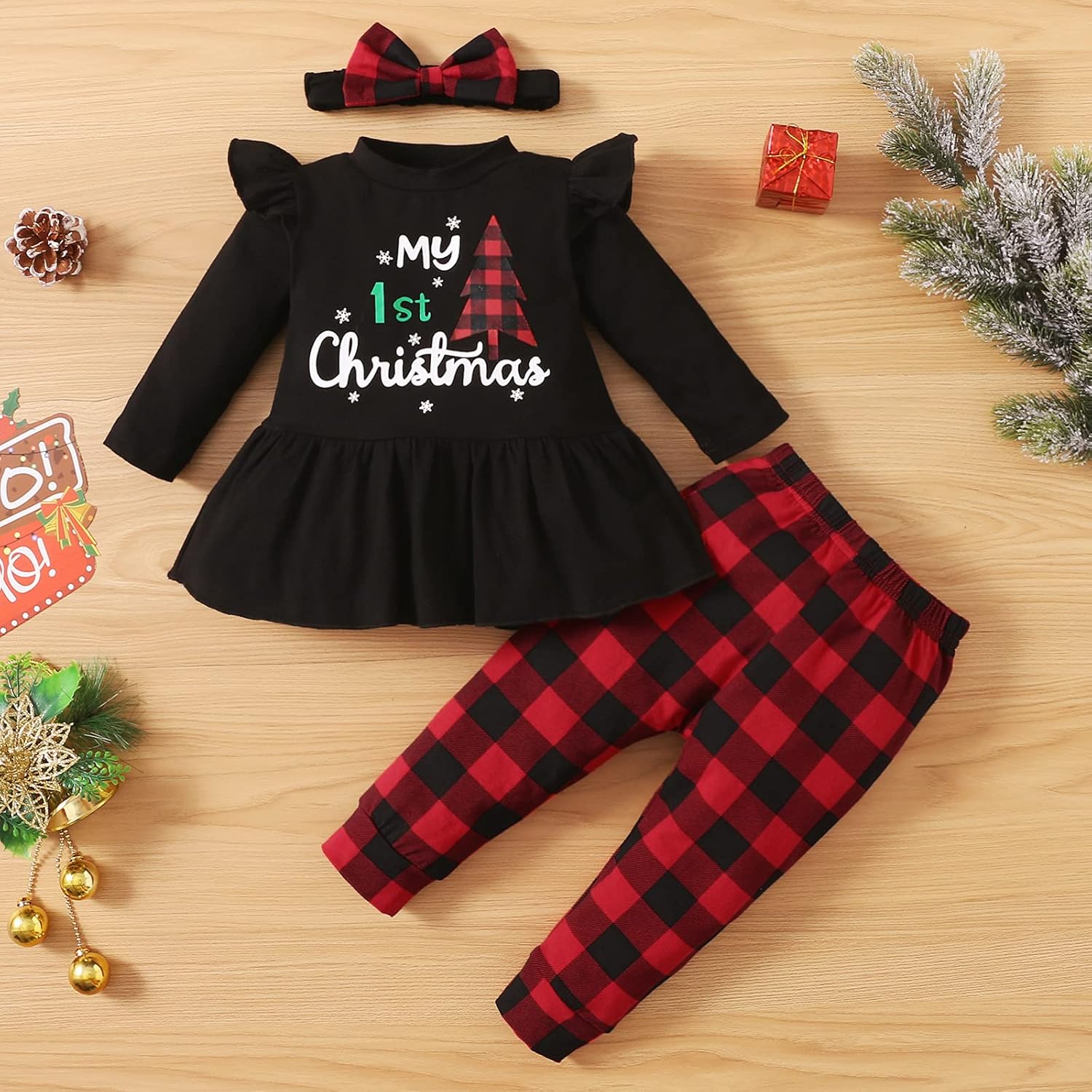 Noubeau My 1st Christmas Baby Girl Outfits Ruffle Santa Tree Print Tunic Drees Shirt Plaid Stripe Pants Fall Clothes - Image 2