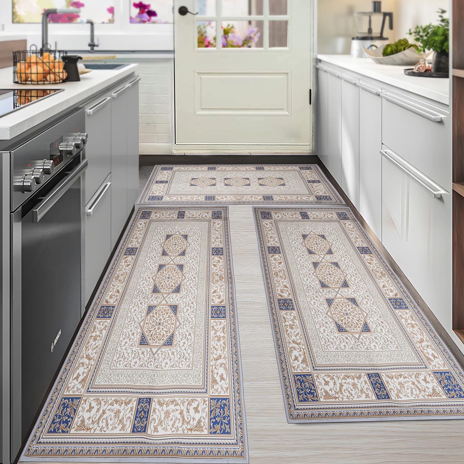 JMVUXPF Kitchen Rugs Sets of 3 Boho Kitchen Mat Anti Fatigue Mat Set Non Slip Rubber Mats Kitchen Runner Rugs Waterproof and Washable Farmhouse Area Rug for Hallway Laundry Room Hallway Holiday Decor