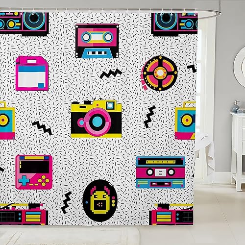 Cortina de baño retro con música de Memphis, 72 pulgadas de ancho x 72 pulgadas de largo, 80S y 90S, cortina de ducha a la moda, cinta de video,