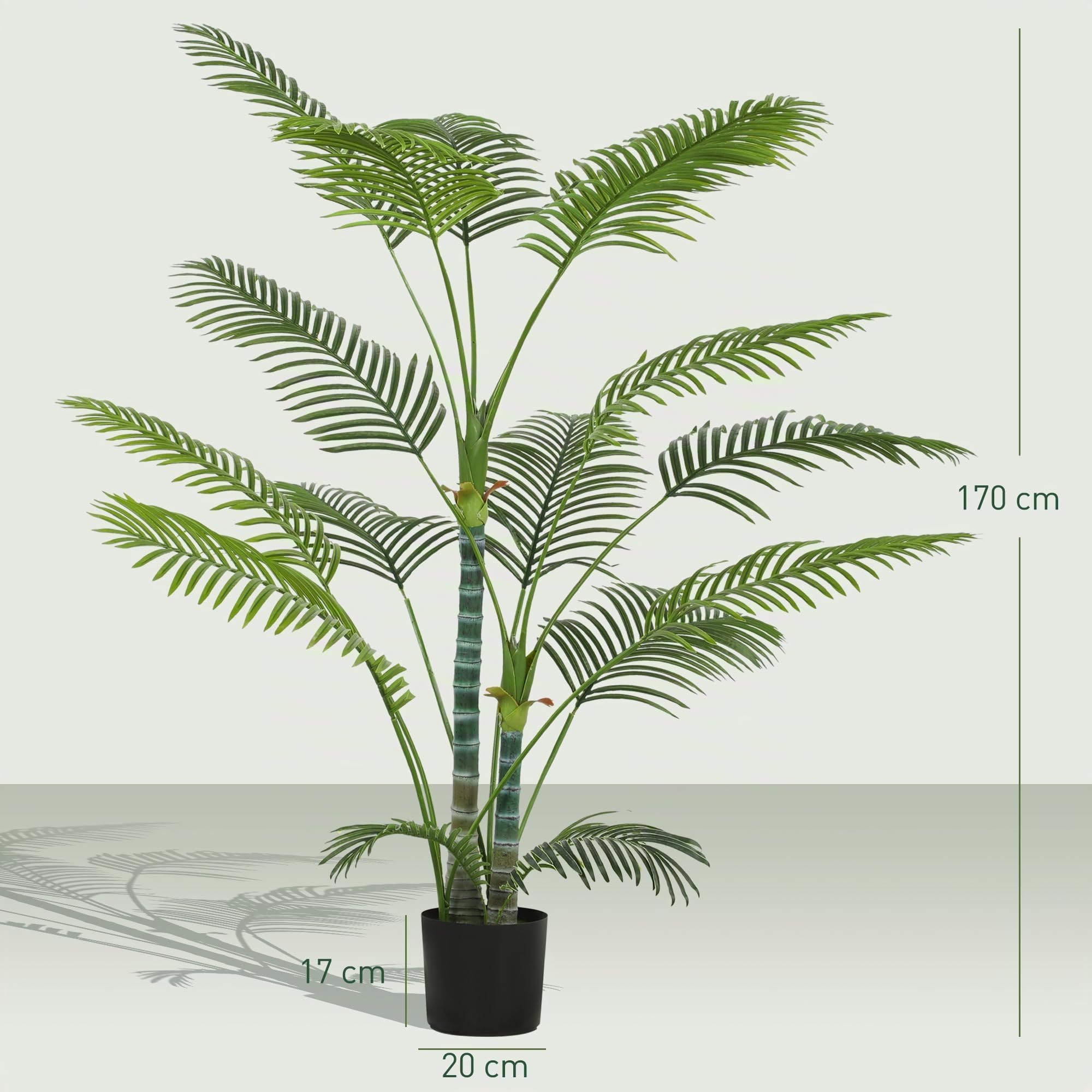 HOMCOM Plante Artificielle Intérieure 170 cm Palmier Pot Plastique Vert | avec Flocage, Arbre Artificiel 16 Feuilles en PEVA, Fausse Plante Décoration Maison Bureau Salon Chambre