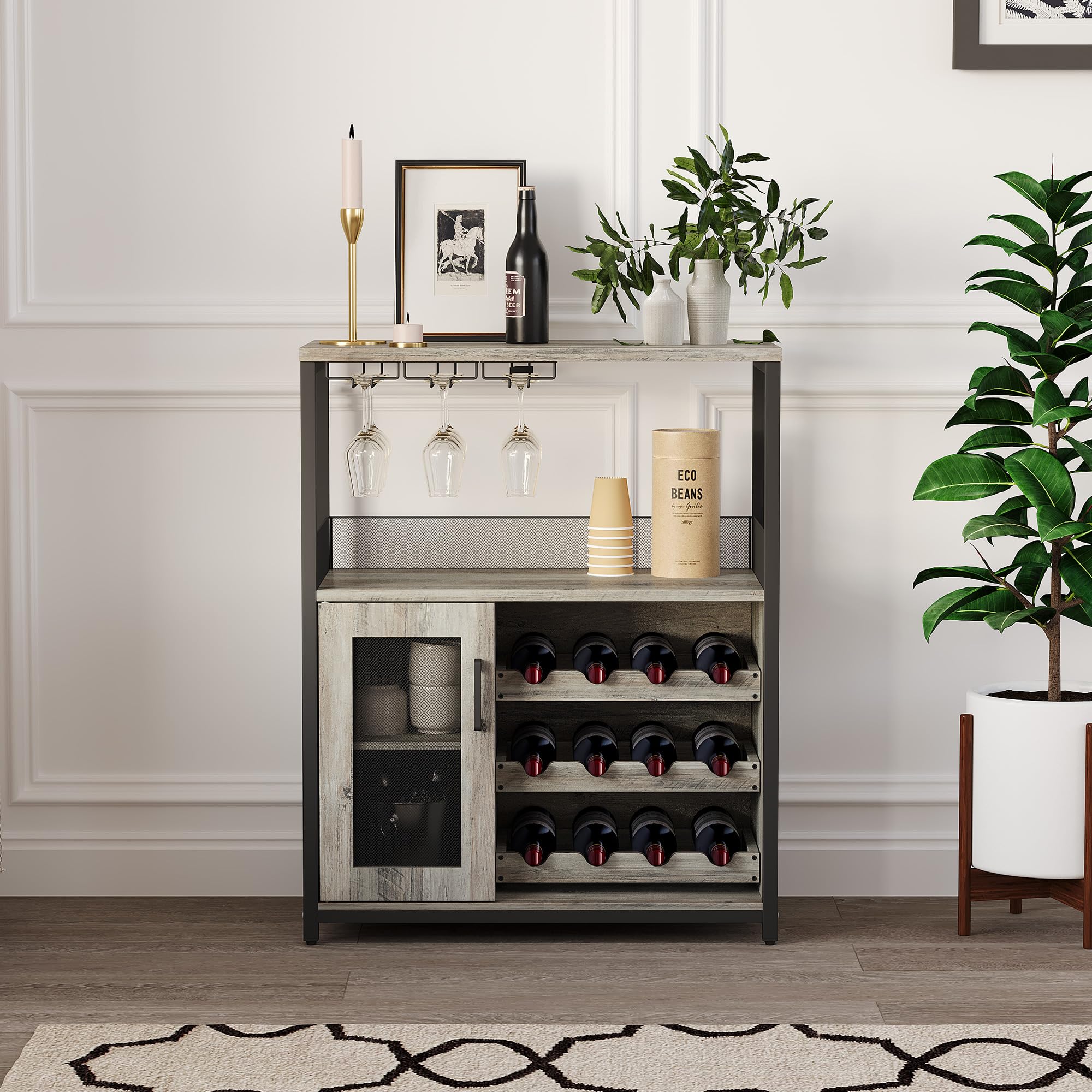 Aptliton Wine Bar Cabinet, Modern 3-Tier Bar Cabinet with Removable Wine Rack & Mesh Door - Adjustable Shelves, Waterproof Surfaces, for Kitchen, Dining Room or Living Room