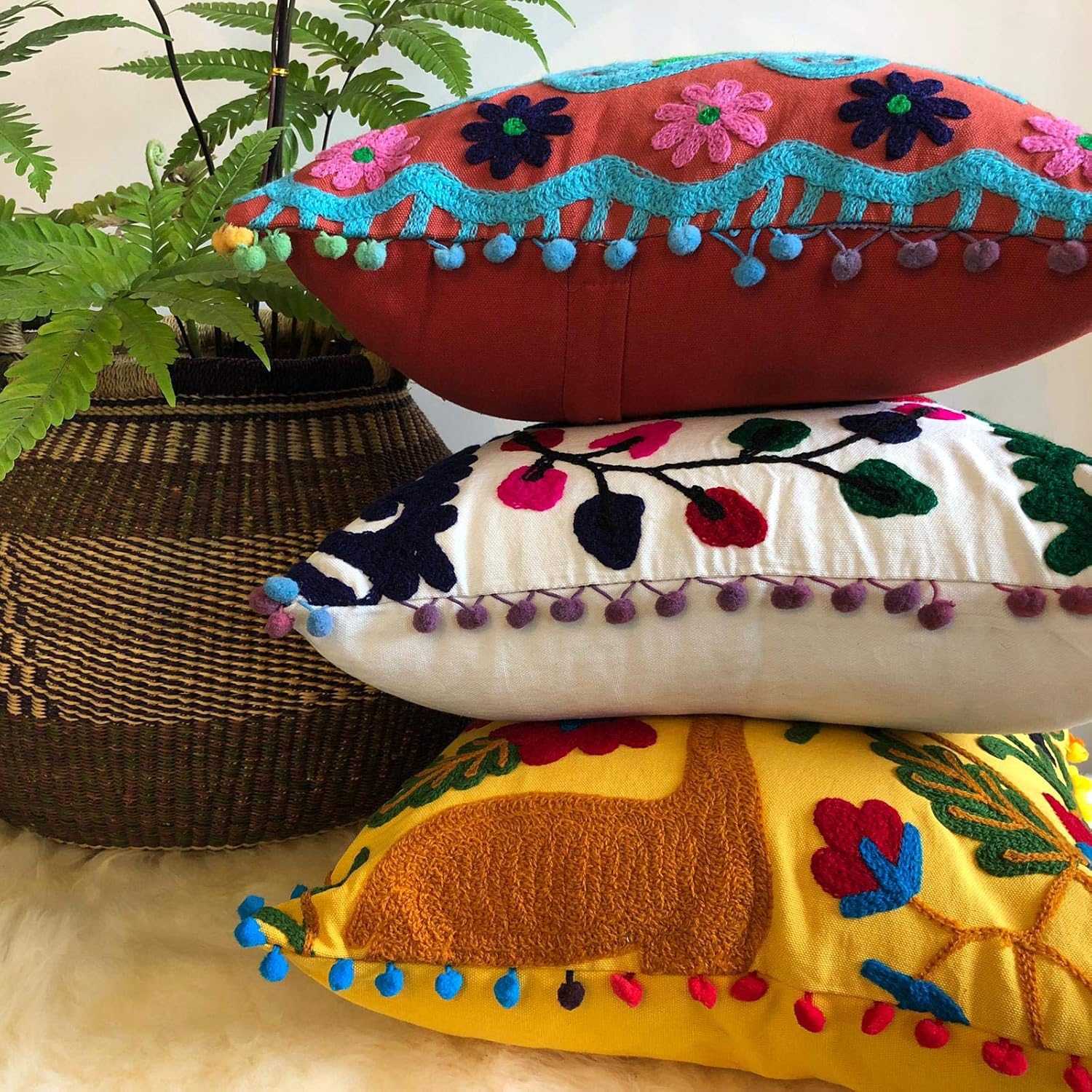 Traditional Jaipur Boho Throw Suzani Pillows, Embroidered Pillow Covers 16 "x 16", Decorative Throw Pillow Covers, Indian (2)