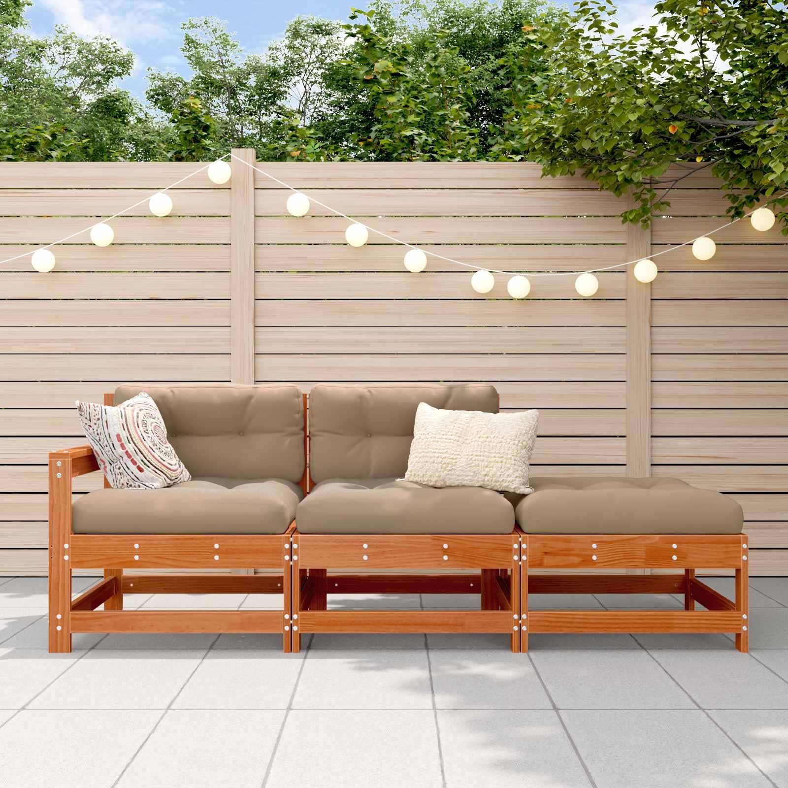 Juego de sofá modular para exteriores de madera maciza de pino en color marrón cera, 190 x 62 x 70,5 cm, con cojín de espuma para un asiento flexible y un diseño moderno