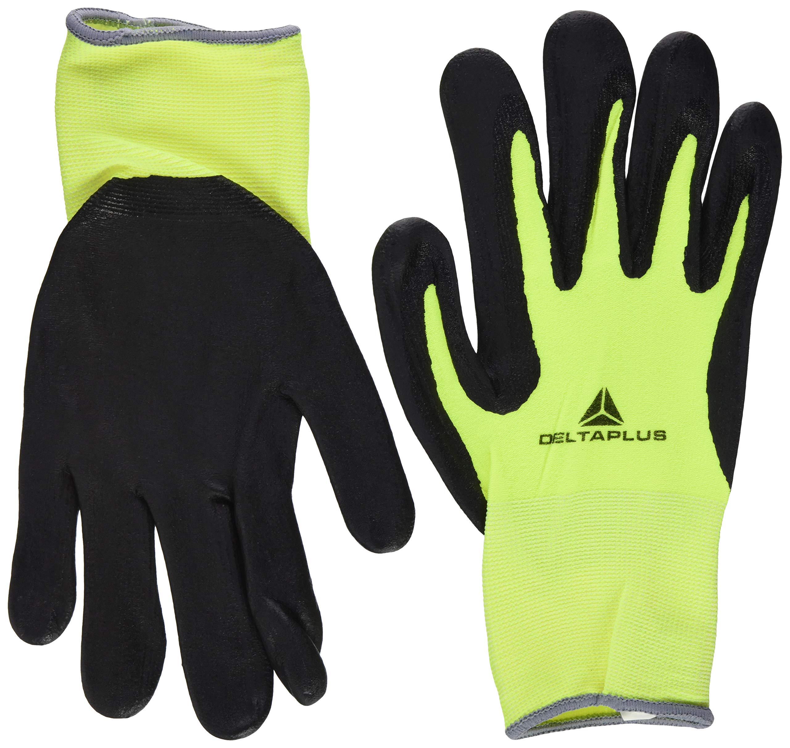 Delta Plus VV734JA11 Polyamide/Spandex Finely Knitted Gloves, Nitrile Foam/TPU Coating on Palm, Neon Yellow/Black, 11, 1 Pair