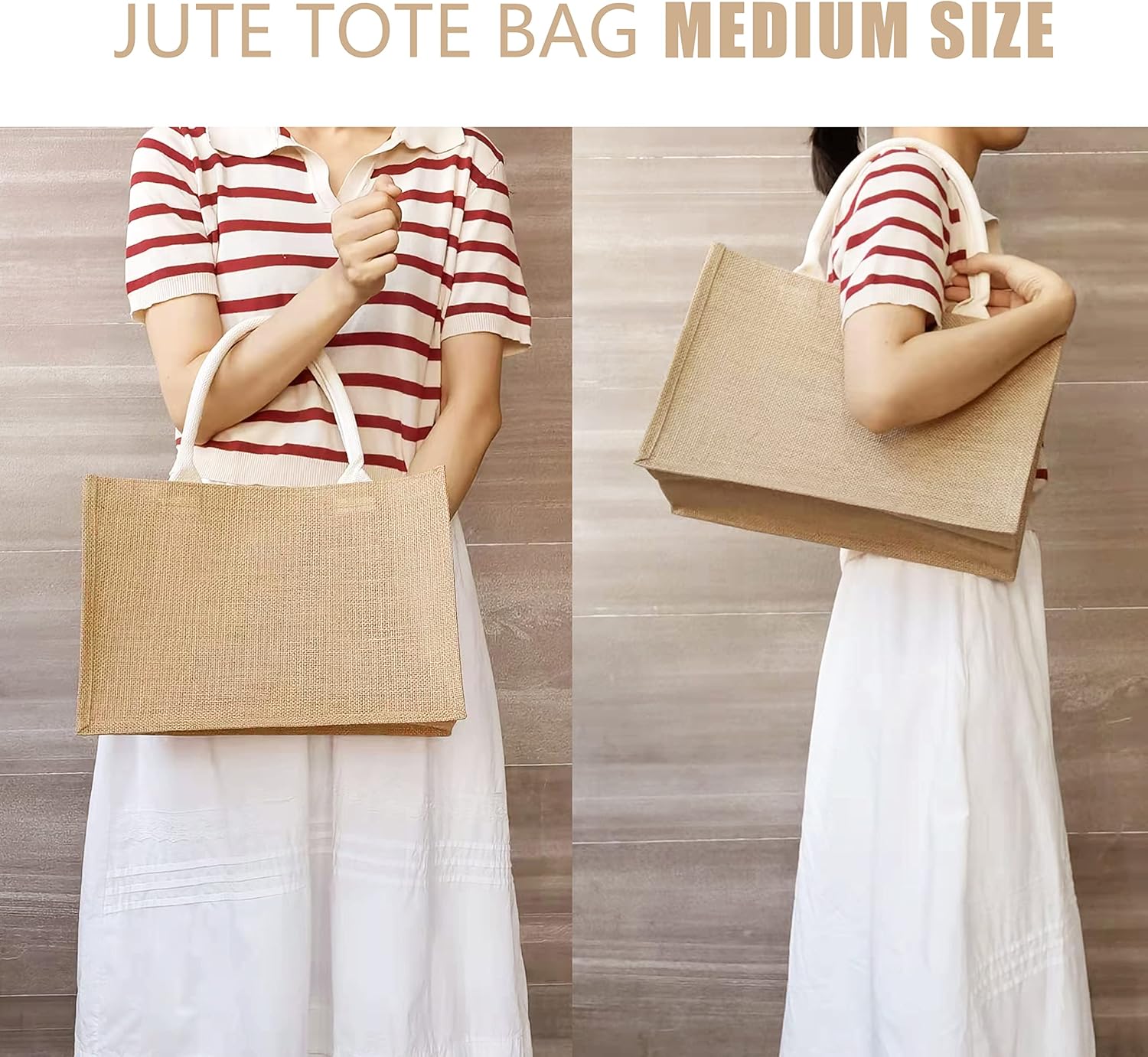 Jute Bags with handles, 14.5" x 6.7" x 10.2" Pack of 3 Medium Burlap Tote Bags, Reusable Bag for DIY, Shopping, Beach, Pool, Wedding Welcome Bag - Image 2