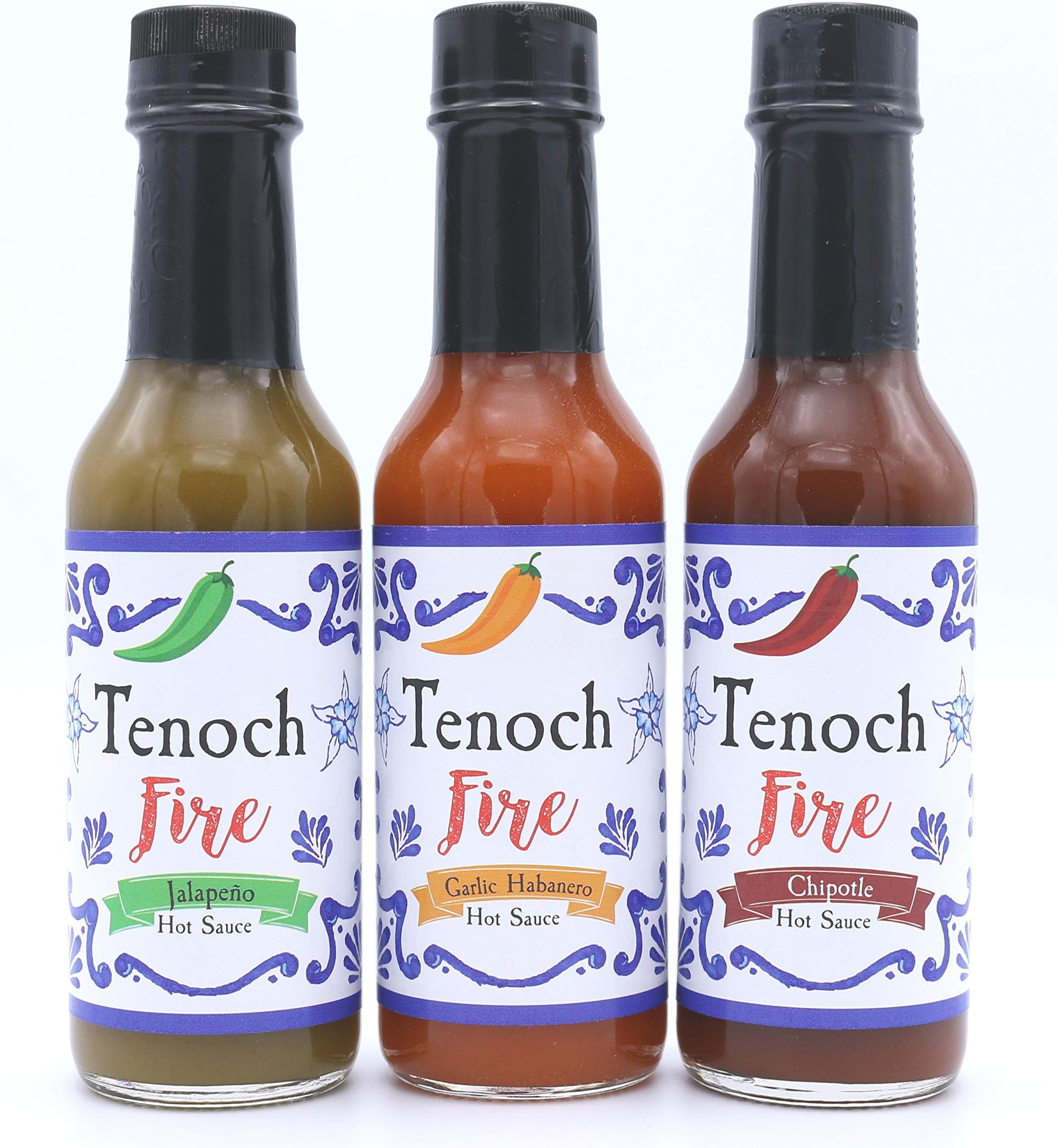 Tenoch Fire Gourmet Hot Pepper Sauce Variety 3-Pack: Garlic Habanero, Chipotle and Jalapeno Pepper Sauces. 5 oz each sauce.