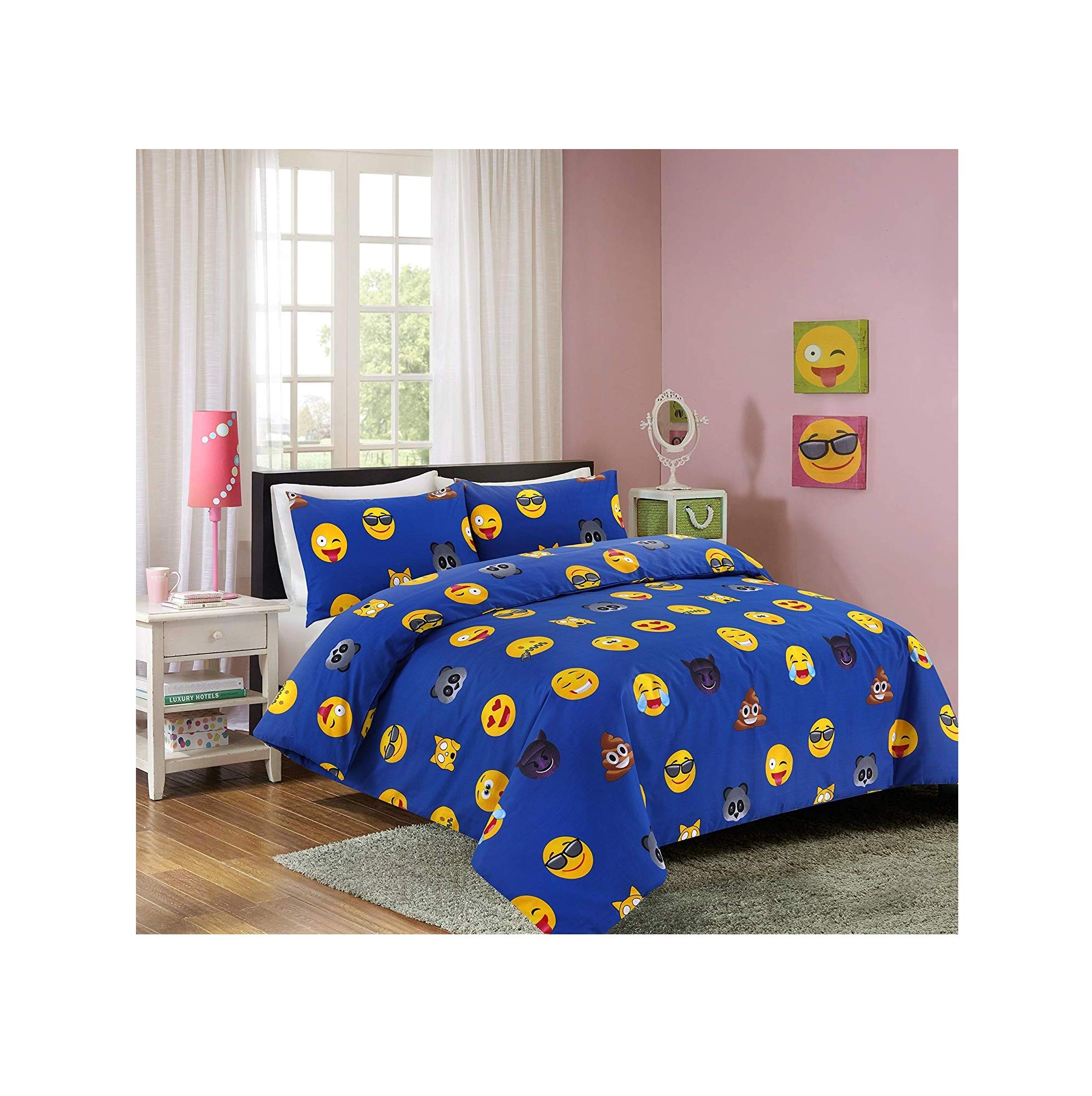 Double Blue Ikons Quilt Duvet Cover and Pillowcase Bedding Bed Set Bedding with Facial Expressions and Emotions Ikons (Double, Blue)