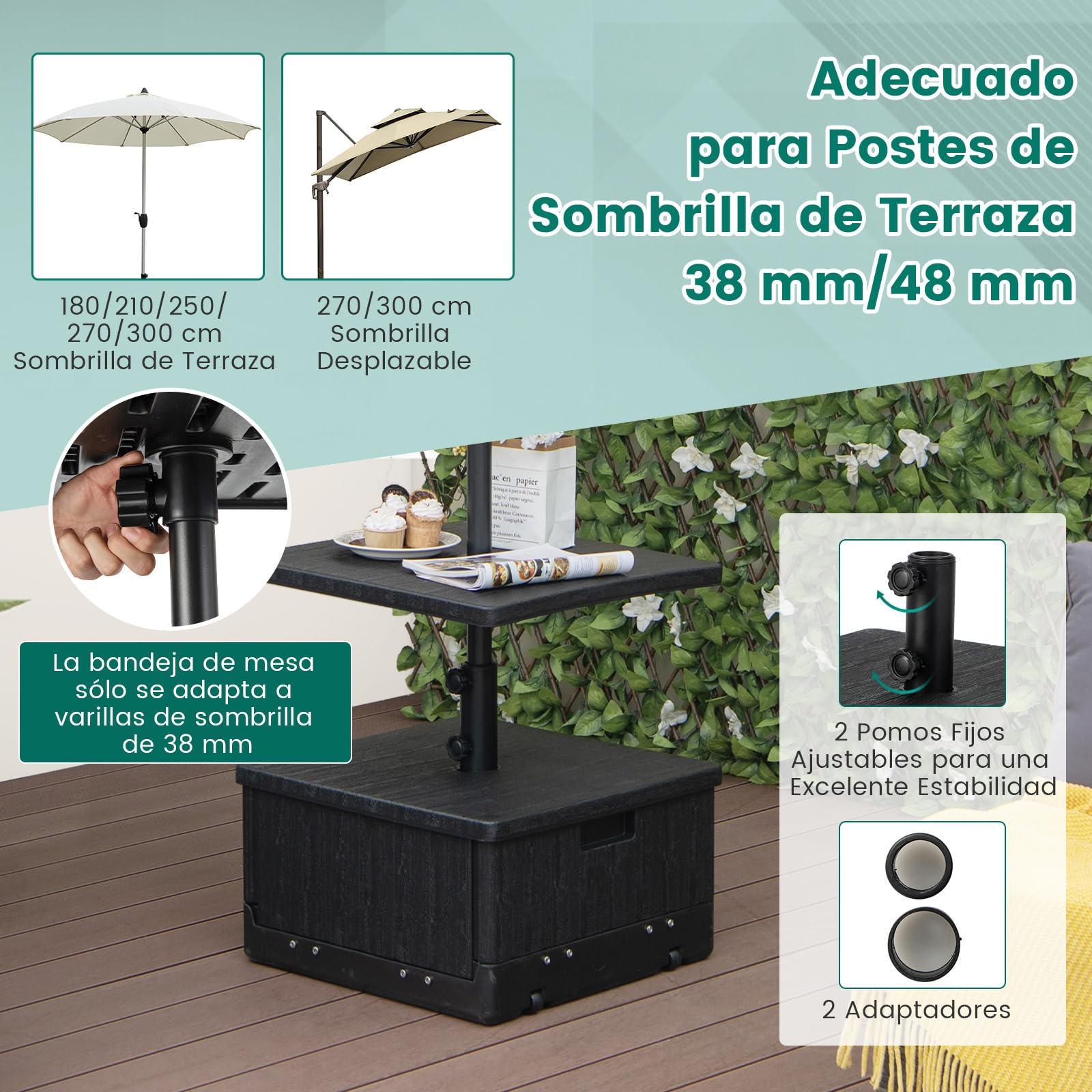 COSTWAY Base Sombrilla con Ruedas, Bandeja De Mesa, Soporte Sombrilla Terraza Exterior Apto para Postes de 38mm 48 mm, 3 en 1 Pie Sombrilla Rellenable de Agua 45L, Arena 67kg, Jardin Patio (Negro)