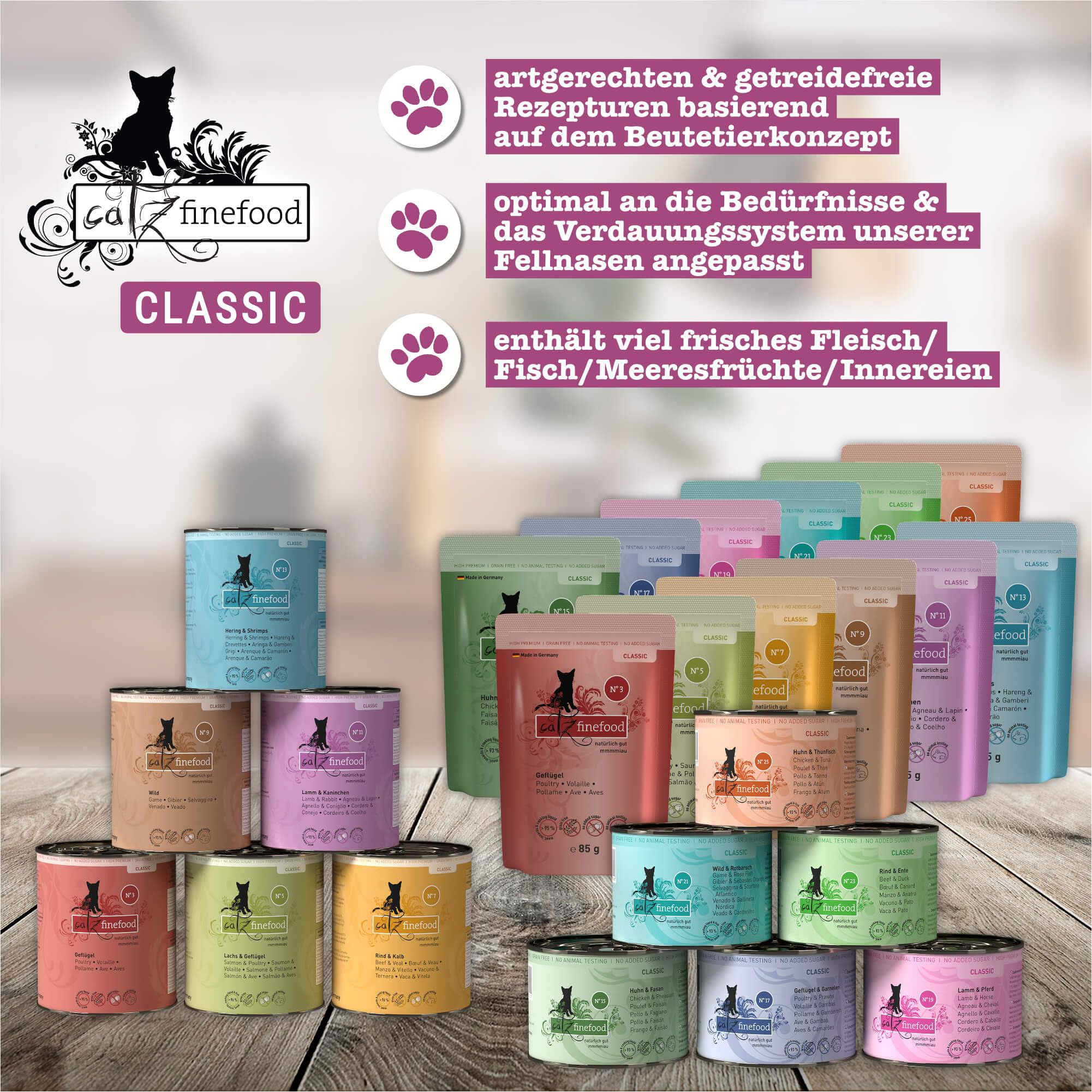 catz finefood Classic Collection mokra karma dla kotów XXL - Gourmet mokra karma dla Twojego kota bez cukru i zbóż, bezglutenowa – z dużą zawartością mięsa, Made in Germany (12 x 400 g puszek)