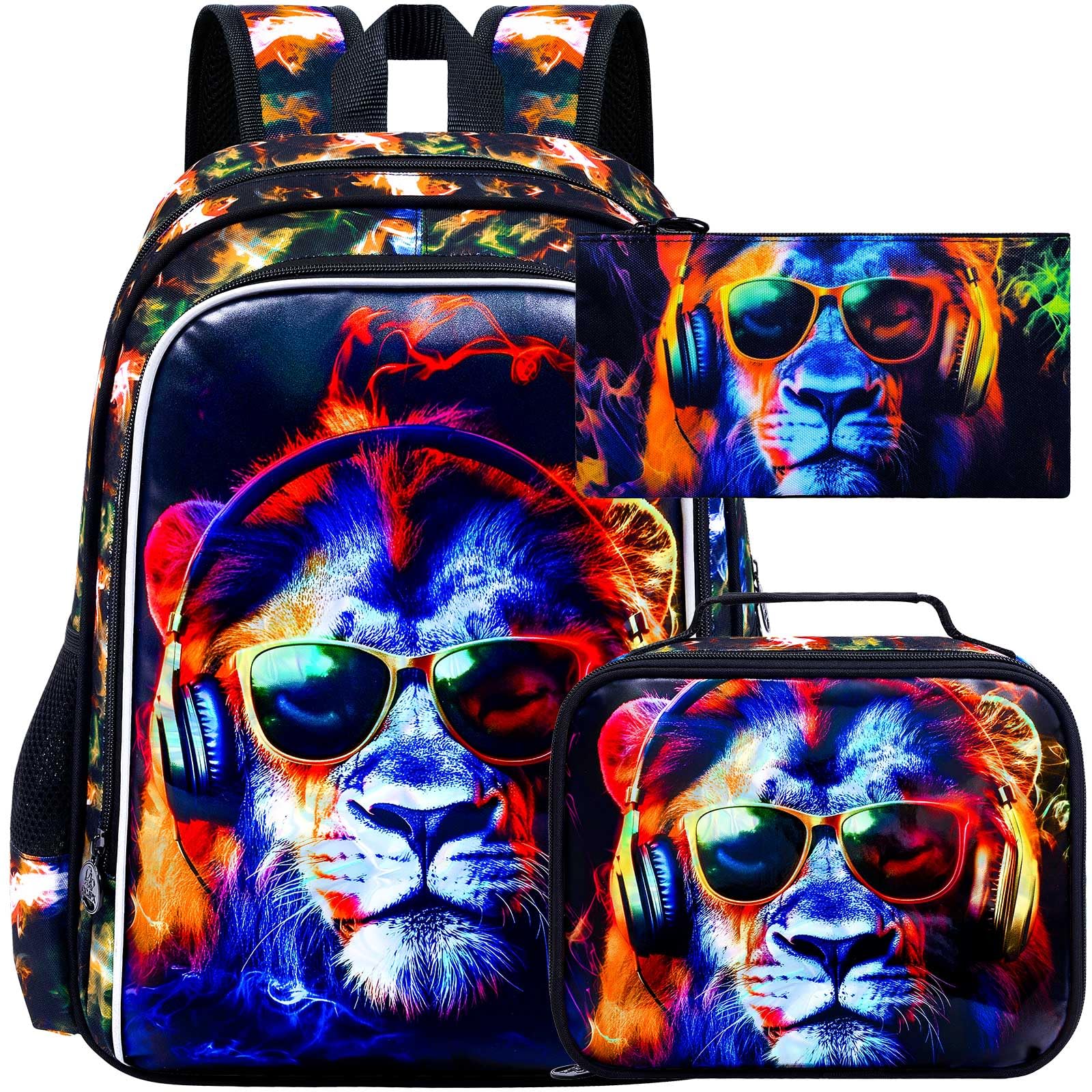 HPJGD 3PCS Boys Lion Bookbag, Water Resistant Kids Backpack with Lunch Box, 17" School Bag Set for Teenagers Middle Elementary - Sunglasses Lion