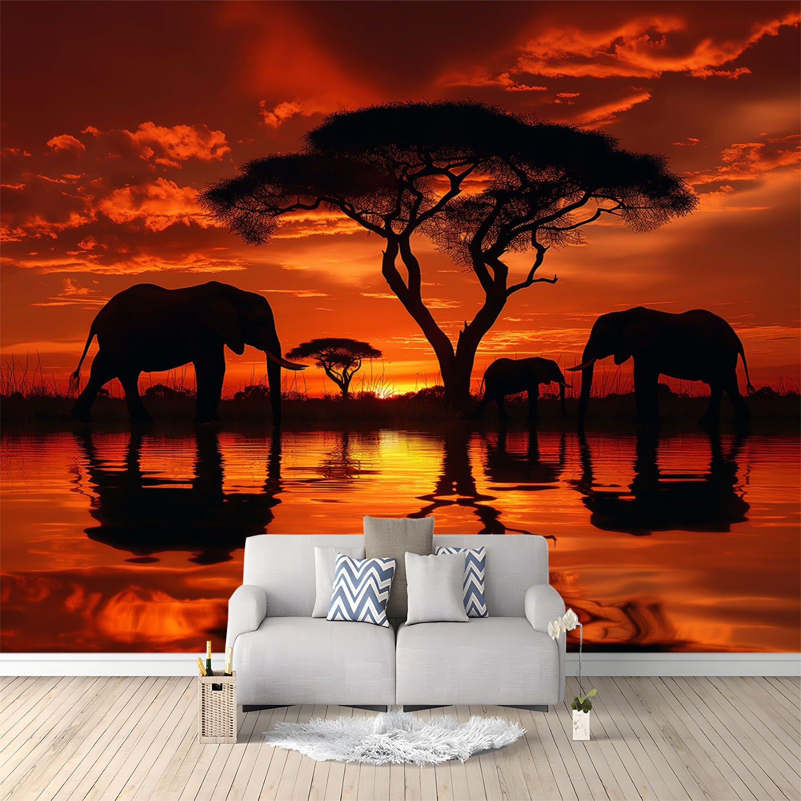 Elephants On Savannah At Sunset Theme Photo Wallpaper - 400 x 280 cm Non-Woven Premium Fleece Wall Mural - Natural Style Art Print Bedroom Living Room Decoration Poster