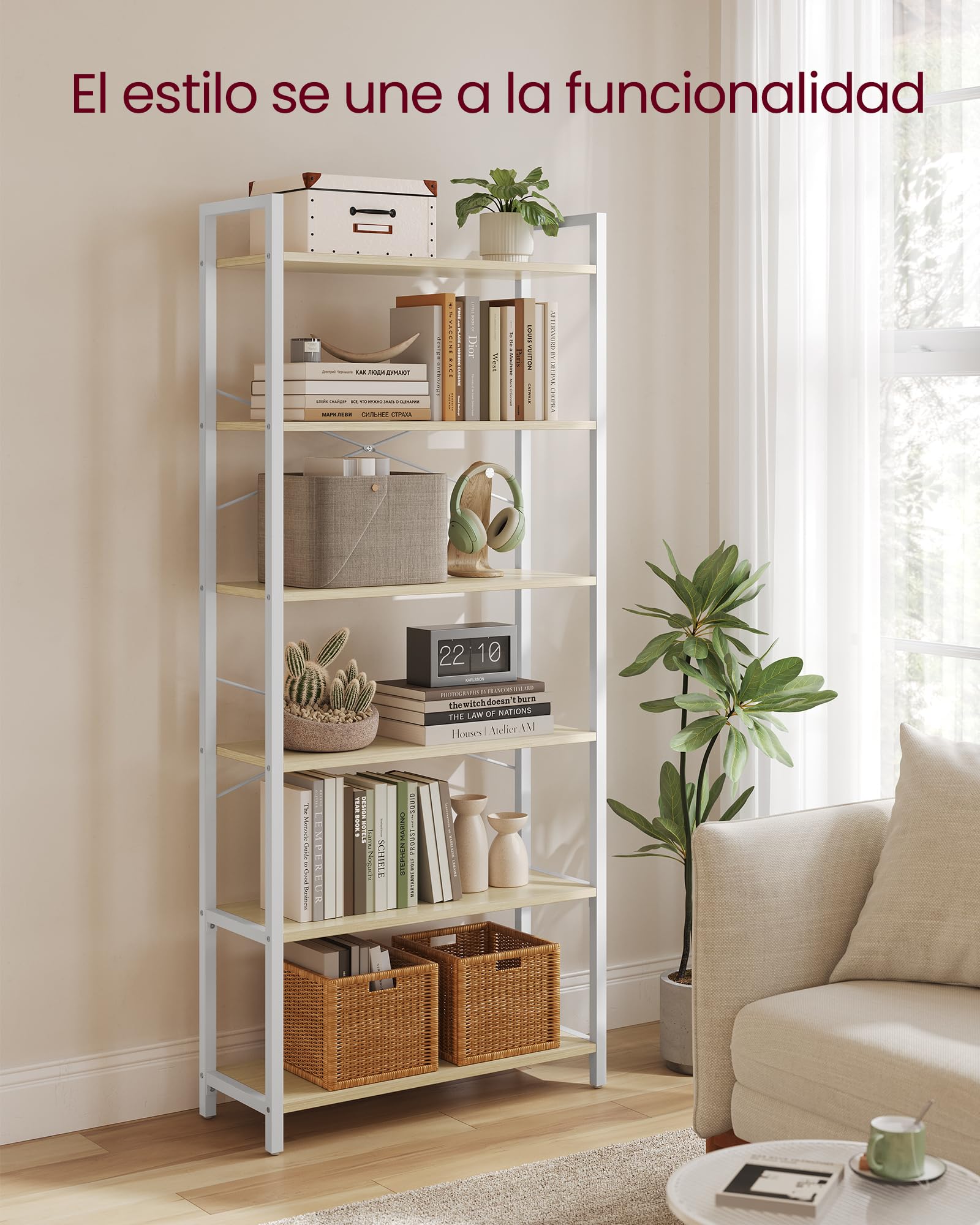 VASAGLE Librería de 6 Niveles, Biblioteca, Estantería Industrial | Biblioteca, Estantería para Oficina, Estudio, Sala de Estar, Dormitorio, Beige Natural y Blanco Mate LLS062LL01