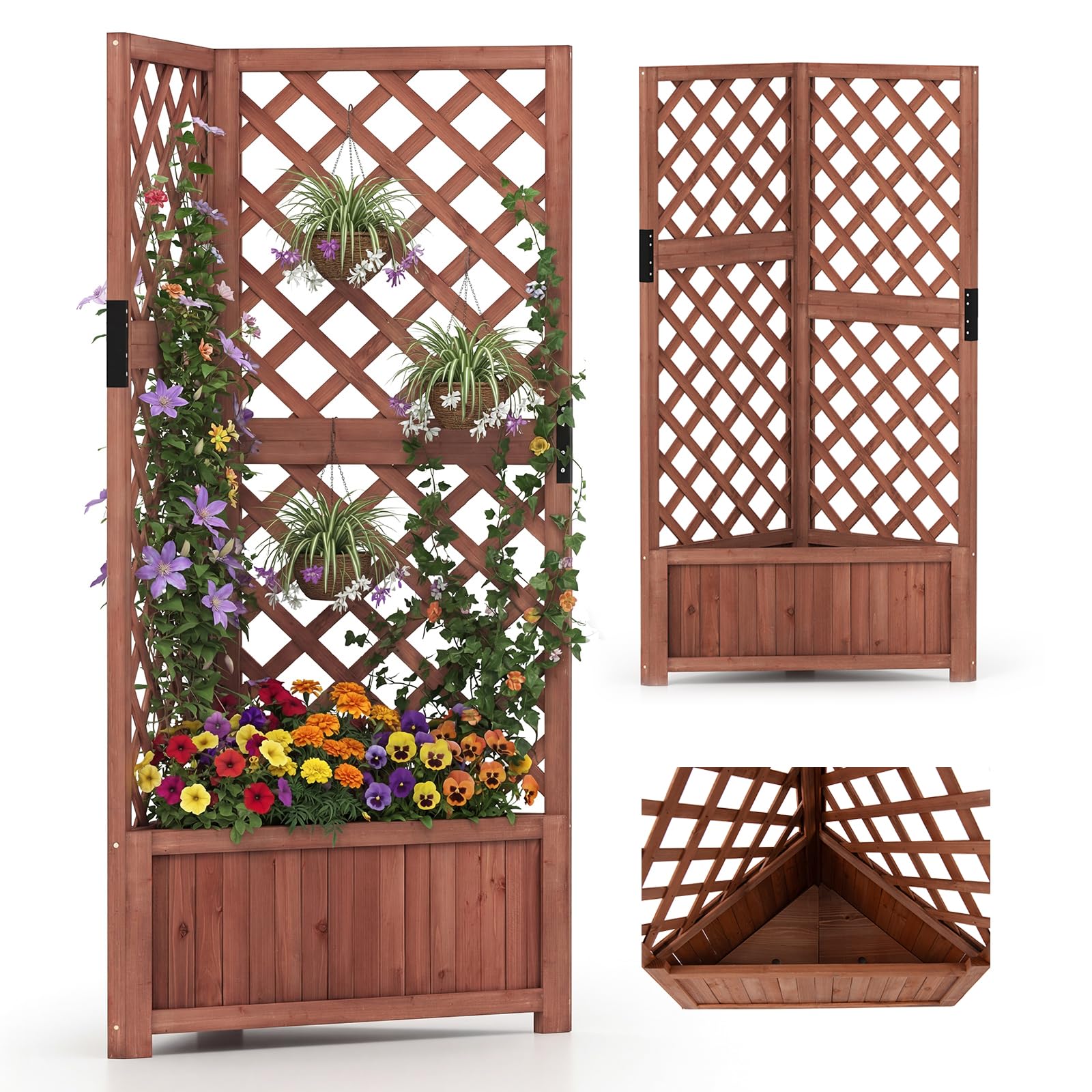 RELAX4LIFE Jardinière d'angle avec Treillis, Jardinière Surélevée en Bois de Sapin, Design 90° pour Coins, Base Amovible avec Trous de Drainage, Bac à Fleurs pour Balcon Jardin Terrasse (Marron)