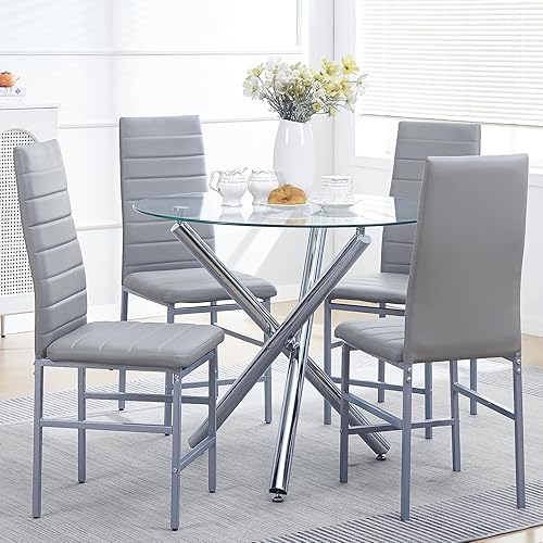 Miniatura 10 de paonne Juego de mesa de comedor redonda para 4, mesa de cocina redonda de vidrio y sillas para 4, mesa redonda de vidrio templado con sillas de