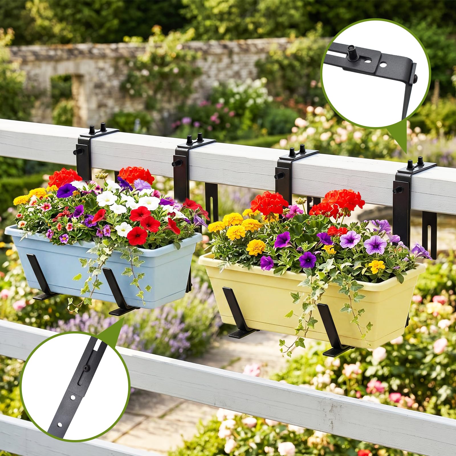 4 Stück Blumenkastenhalter für Balkon-Brüstungen und Geländer, Verstellbar Blumenkastenhalterung 2 Montagearten Metall Pflanzkastenhalterungen für Wände, Gärten, Zäune, Terrassen
