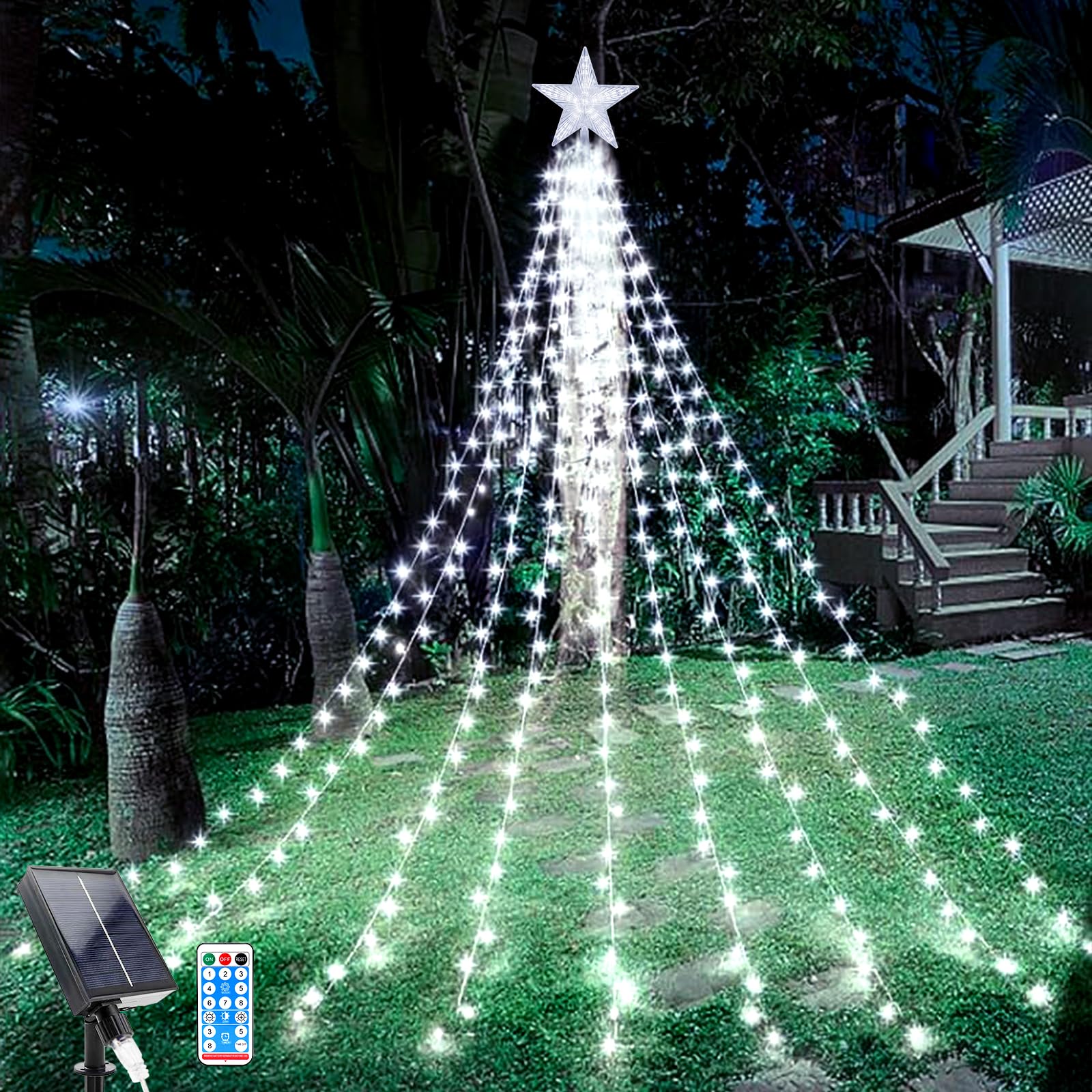 WoskjXas Christmas Tree Waterfall Lights, 2m/ 6.56ft x 9 Lines Solar String Light with Topper Star and Remote, 198 LEDs Waterproof Fairy Lights with 8 Lighting Modes for Indoor Outdoor Xmas Decor — image 1