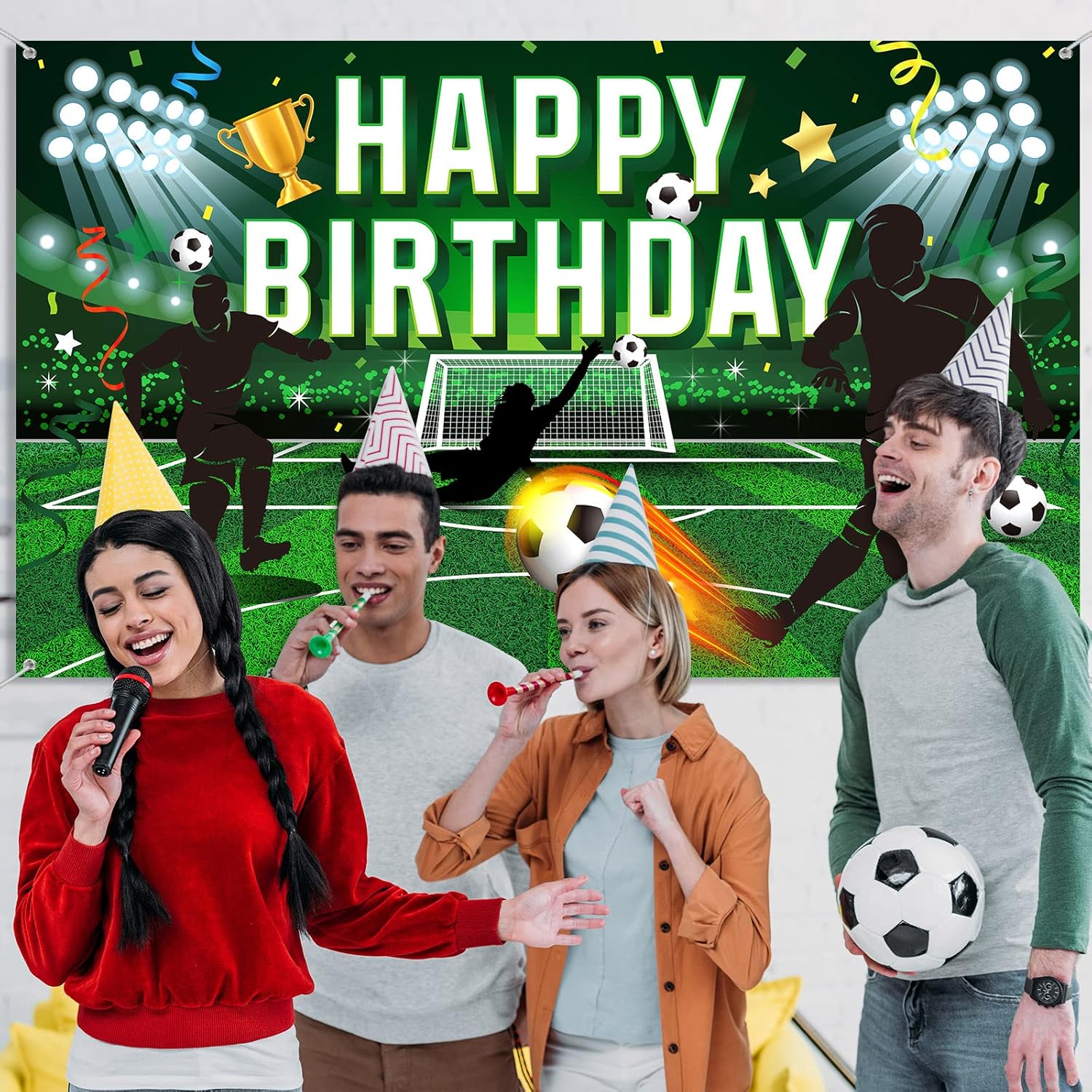 Tatuo Soccer Birthday Party Backdrop, Polyester Football Field Background with Happy Birthday Lettering, Includes White Rope, 5.9 x 3.6 ft - Image 5