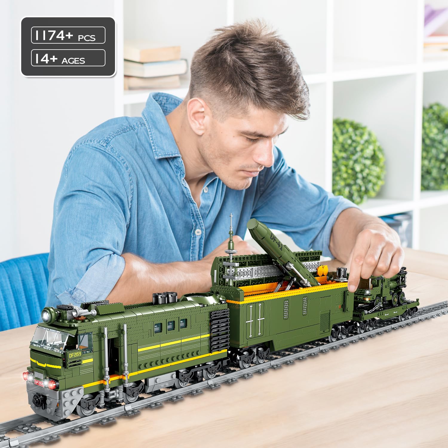 Military Train Building Kit, Compatible with Lego Military Army Train Building Block with Lights, Missiles, Trucks and Train Tracks, Gift for Military Lovers, Teens and Adults (1174 Pieces)