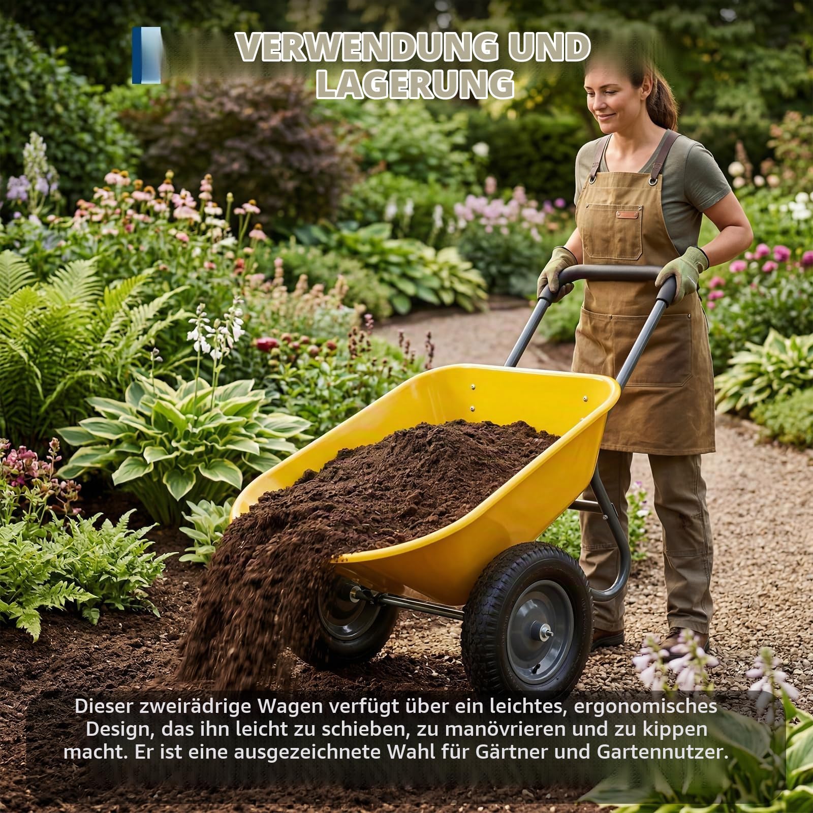 Schubkarre Bis 120 kg, 2 Luftreifen Mit Metall Felge, Garten Schubkarre, 124 x 66 x 62,5cm, Kunststoffwanne, Eisen + Kunststoff, Gelb