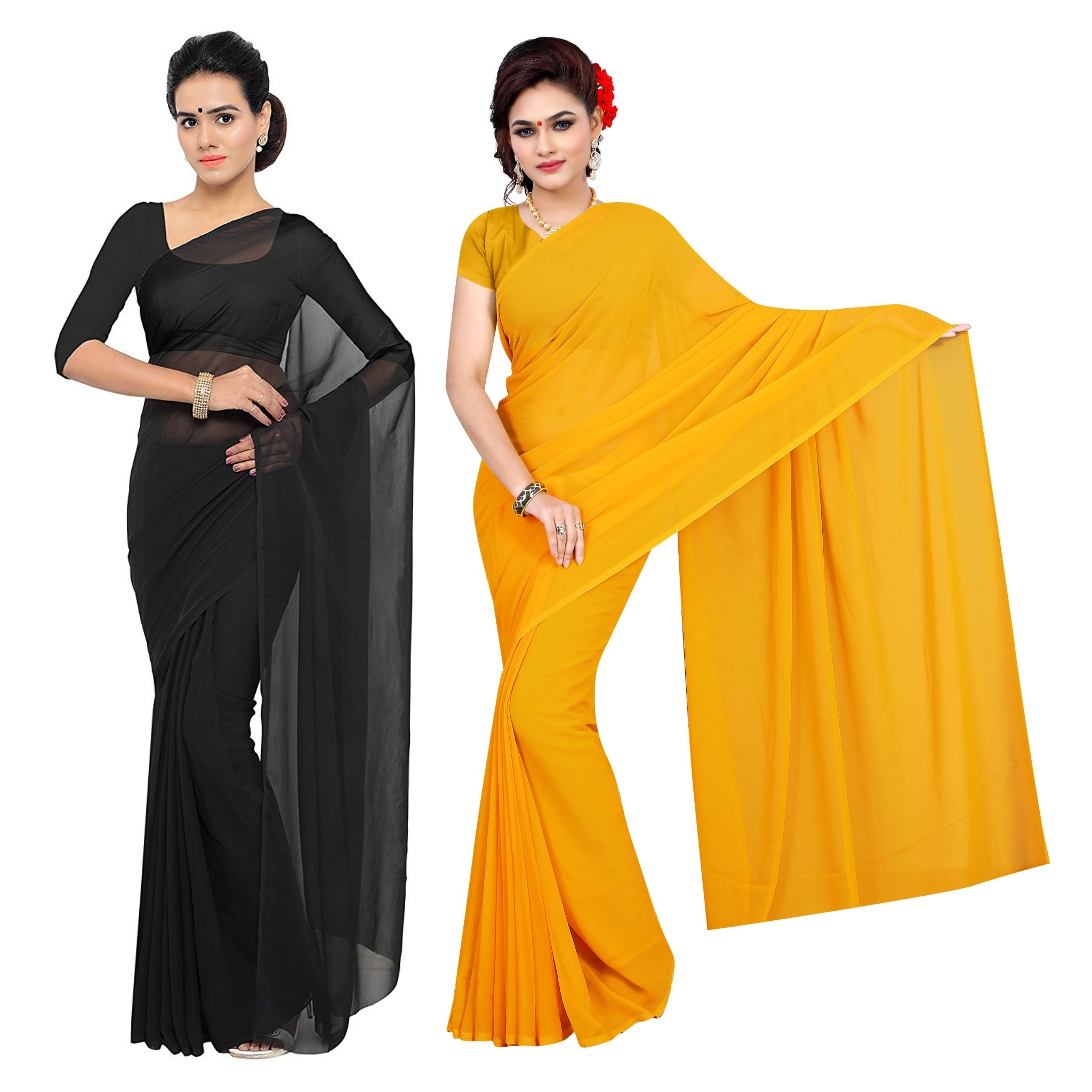 Textile Combo Of 2 Women's Plain Solid Pure Georgette Saree With Unstitched Blouse Piece (Combo Plain Black-Gold_Black & Gold_Free Size)