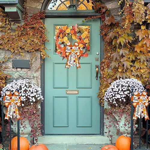 Miniatura 4 de 2 lazos de corona de otoño, lazos de calabaza naranja para corona, lazos rústicos de otoño para puerta delantera, hojas de cosecha, lazos para