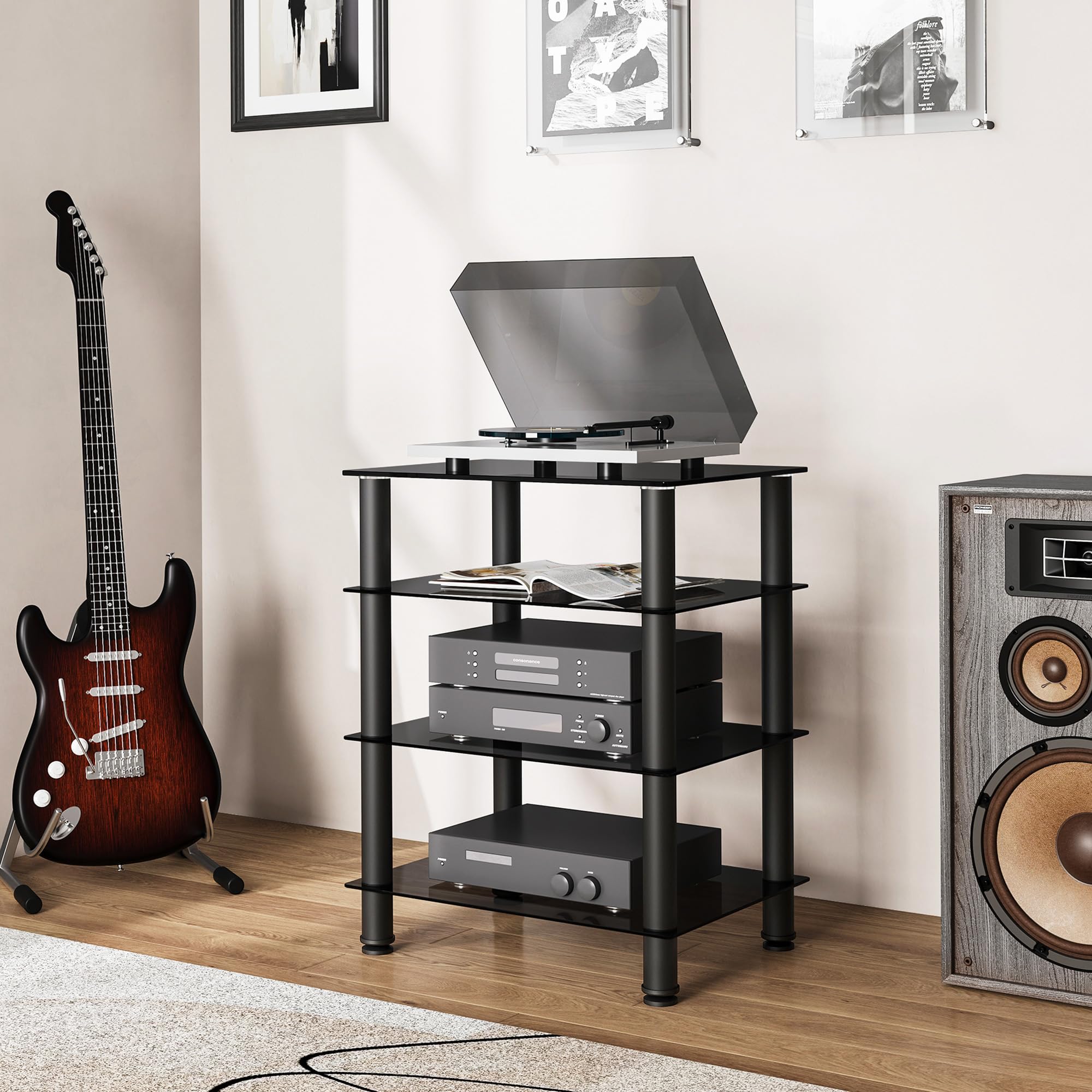FITUEYES Meuble HiFi Verre Trempé Noir 4 Niveaux Hauteur Réglable 60×46×77 cm Charge 40 kg