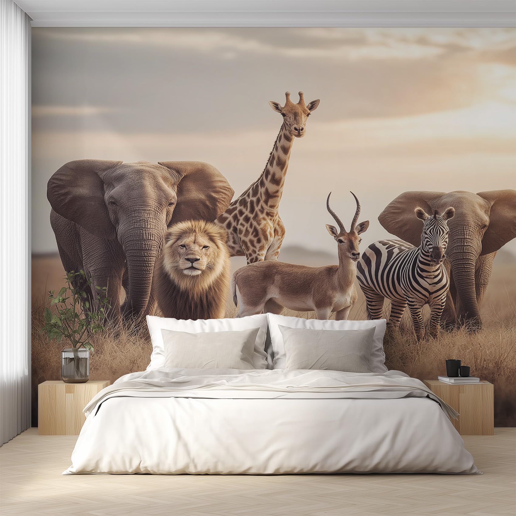 Fresque murale intissée animaux de la savane décor panoramique salon