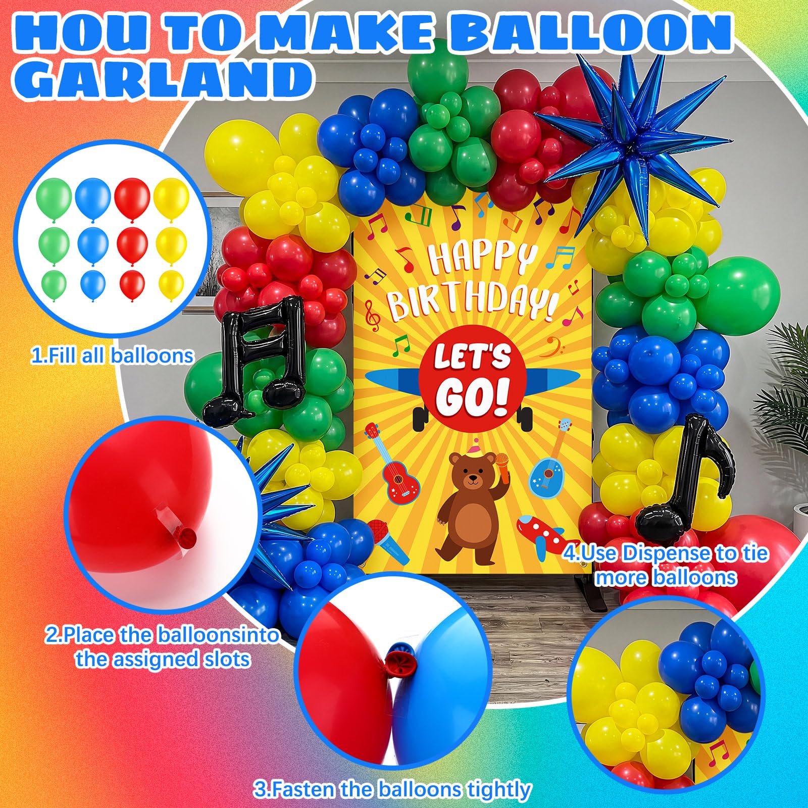 Thenshop Juego de 111 guirnaldas de arco de globos rojo, amarillo, azul, verde con notas musicales, globos de aluminio de estrella para niños y niñas, decoración de fiesta de cumpleaños temática