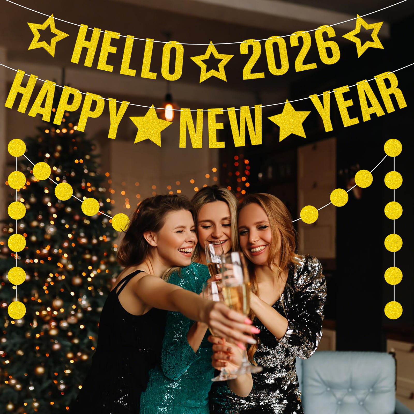 3 Pcs Hello 2026 Happy New Year Banner, Gold Glitter Happy New Year Decorations 2026 with Circle Garland - Image 4