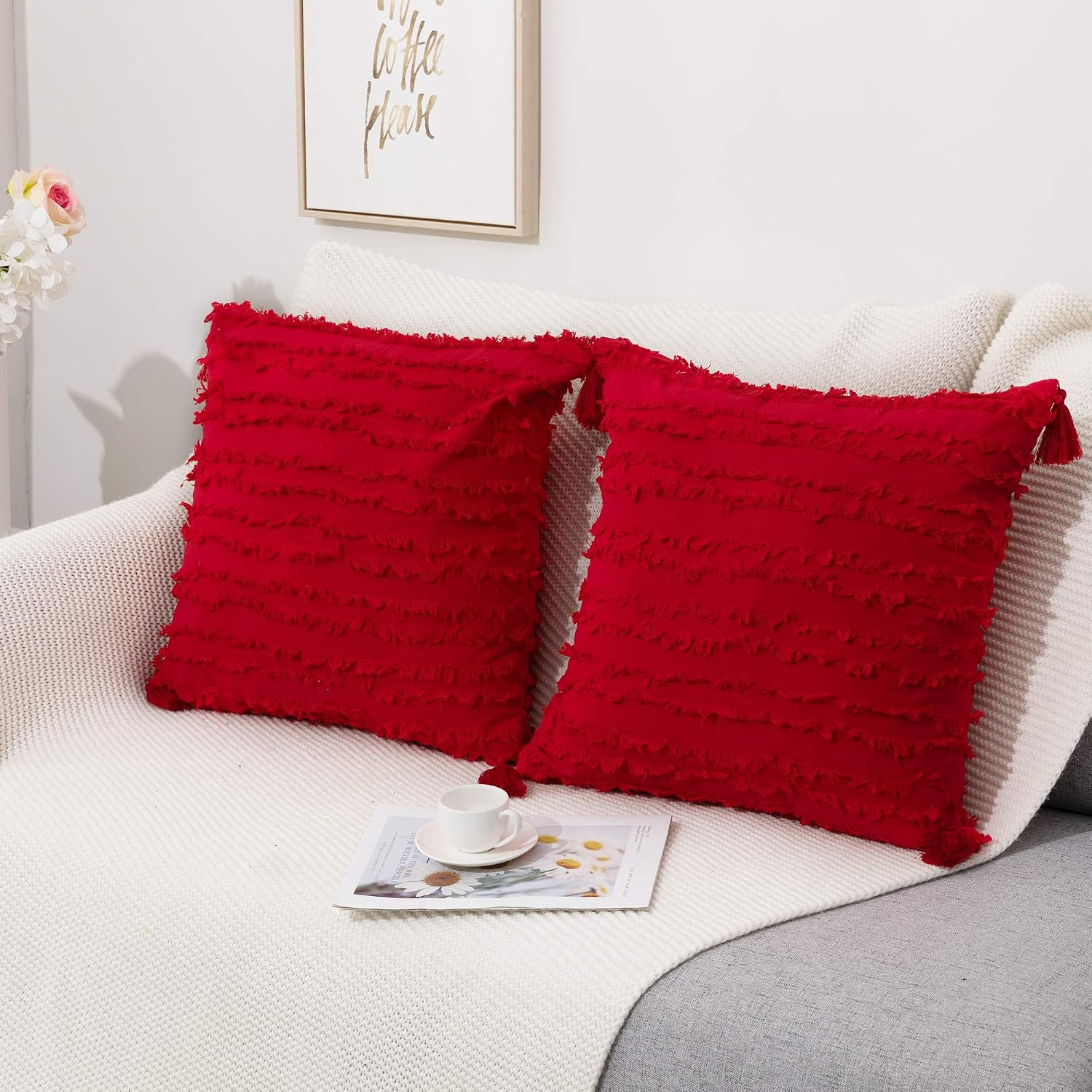 Tiaronics Set of 2 Boho Bedding Cotton Linen Throw Pillow Covers with Tassels, Decorative Throws Cushion Covers for Couch Sofa Bed Farmhouse (Red, 20 * 20")