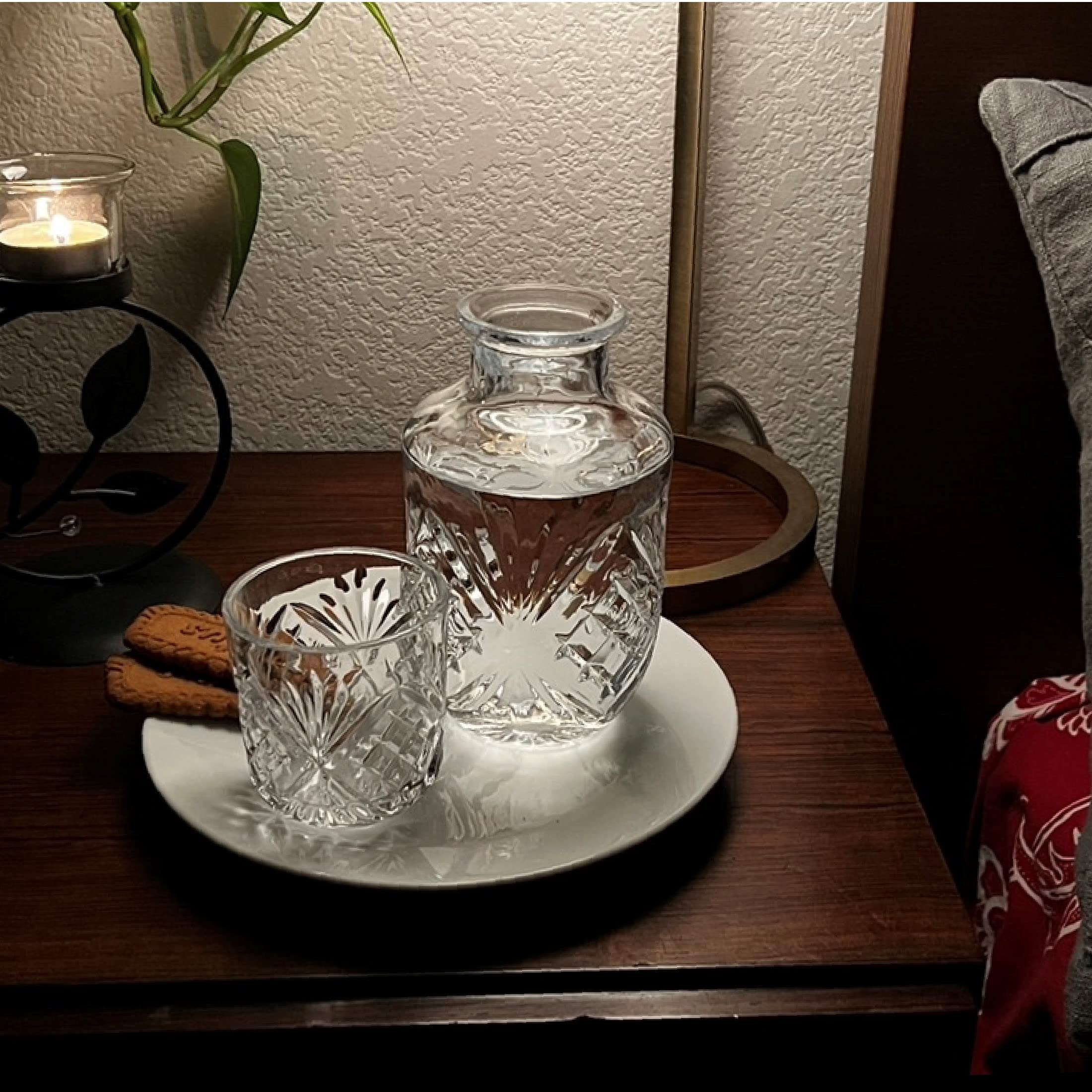 Jarra de agua para mesita de noche con taza de cristal, jarra transparente y vasos de cristal, perfecta para mesita de noche o dormitorio de invitados