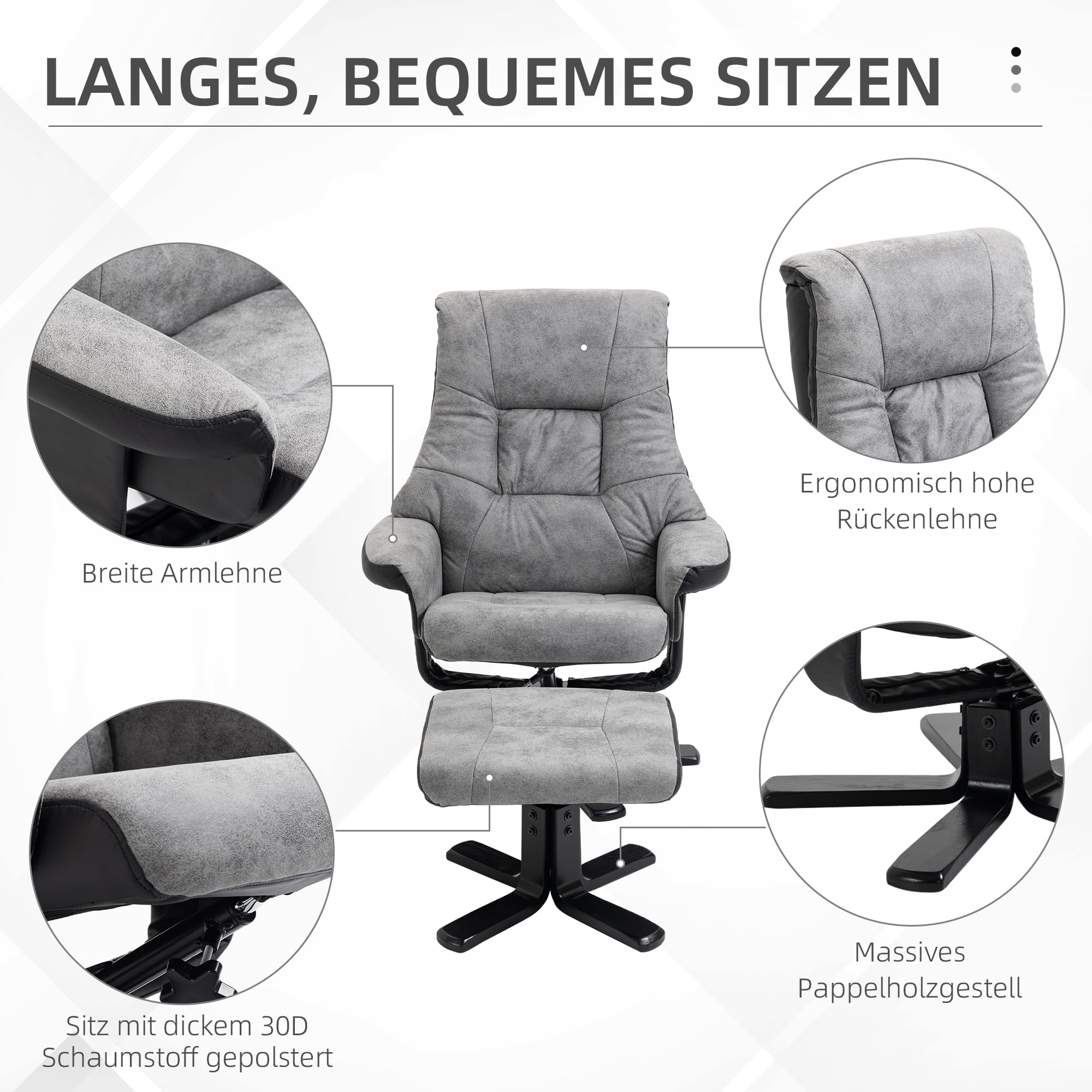 HOMCOM Relaxsessel mit Hocker, Drehbarer Fernsehsessel, TV Sessel mit Liegefunktion, Polstersessel, Mikrofaser Grau, 78 x 82,5 x 109 cm