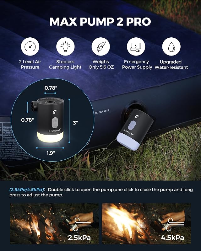 FLEXTAILGEAR Max Pump 2 Pro Hordozható Elektromos Pumpa 4.5 kPa - 3600 mAh Akkumulátor, Állítható Kempinglámpa, Matracokhoz, Medencékhez, Fe