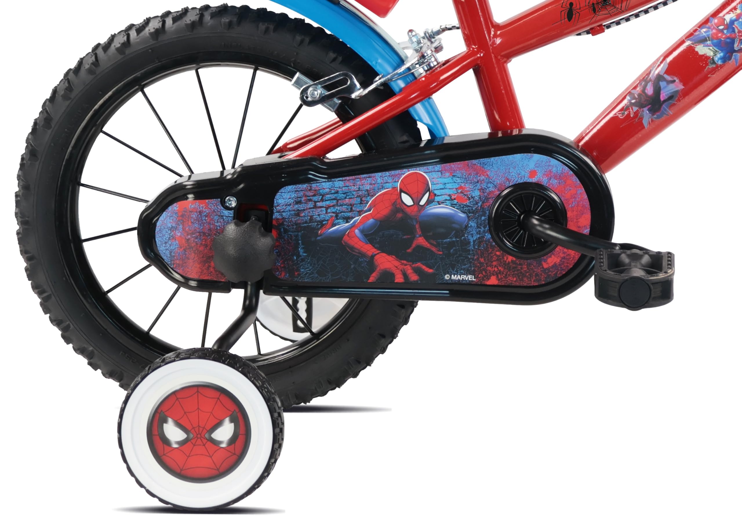 Velo 14 Pouces Spiderman équipé de 2 Freins, Plaque Avant décorative, bidon arrière, Roues à Rayons, pneus gonflables, stabilisateurs Amovibles et eclairages LEDs Inclus