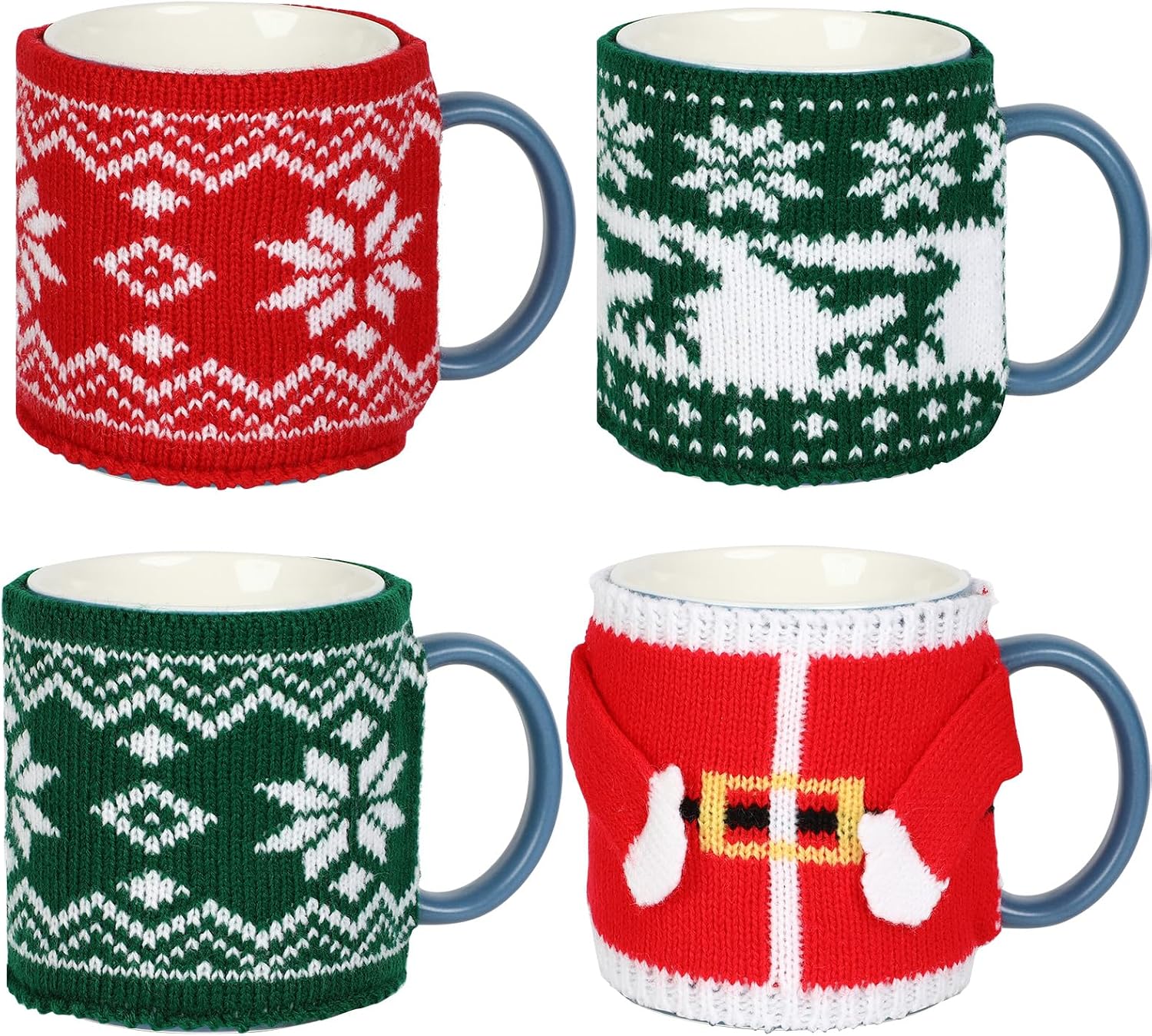 OBUSATT 4 Pcs Christmas Cup Cozy Winter Knitted Cup Cozy Reusable Mug Holiday Seasonal Coffee Mug Warmer Crochet Coffee Sleeves Decoration for Family Women Men Christmas Party Gifts