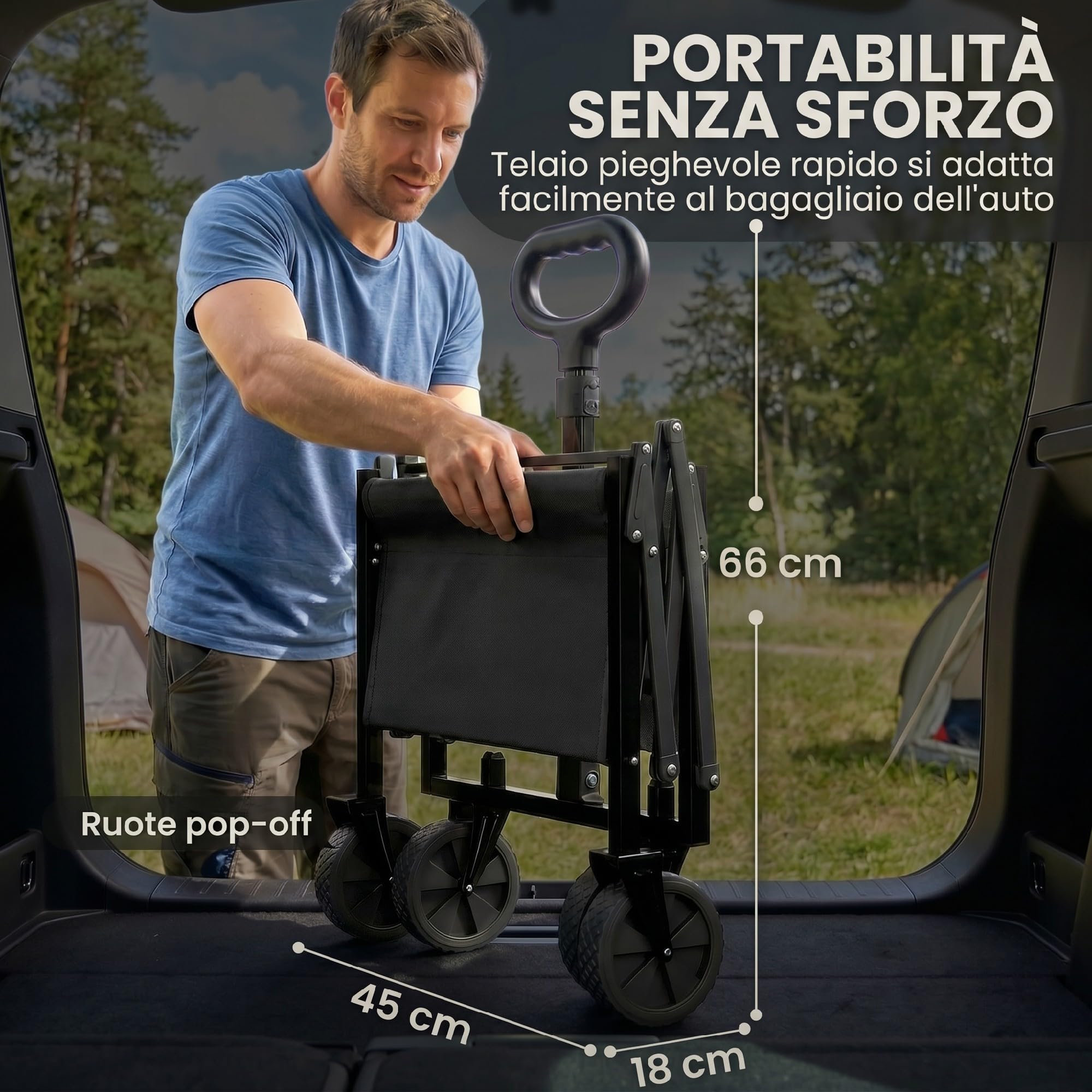 Outsunny Carrello da Giardino Pieghevole 60L, Carrello da Campeggio Portatile con Porta Frontale Apribile, Manico Regolabile e Supporto per Bicchieri, Ideale per Picnic, Pesca e Giardino, Nero