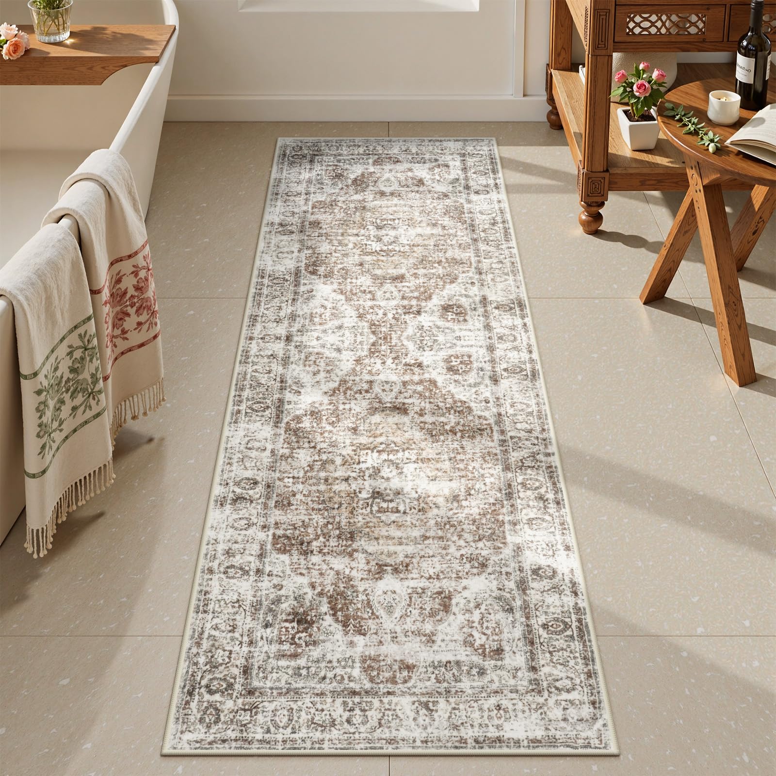 Uphome Bathroom Rugs Runner, Distressed Farmhouse Boho Khaki Bath Mat, Non Slip Washable Long Bath Rugs, Vintage Traditonal Soft Velvet Bathroom