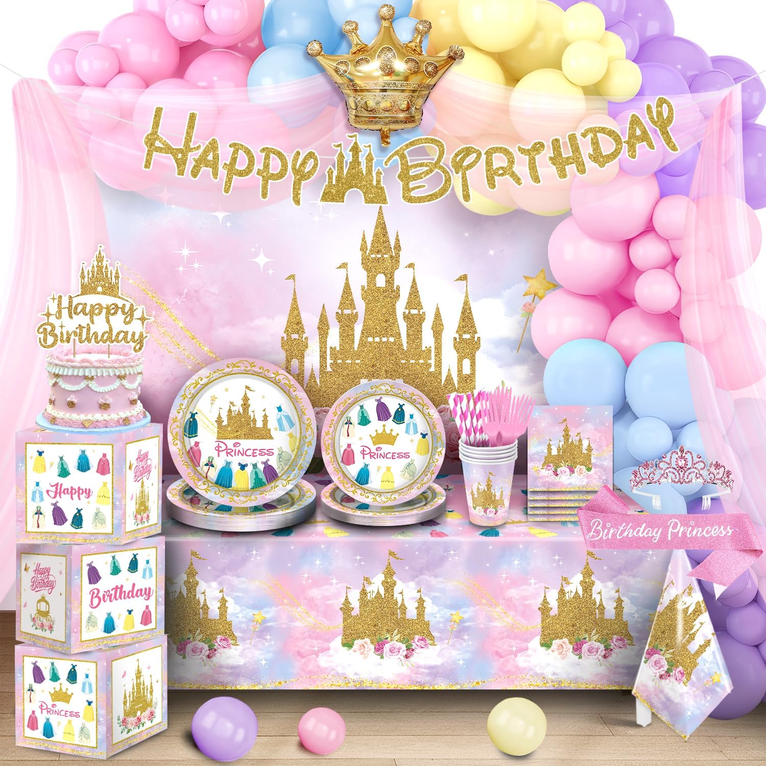 Princess Birthday Party Decorations, Complete Set with Balloon Boxes Arch, Banner, Backdrop, Tableware & Tulle Curtain, Cupcake Toppers