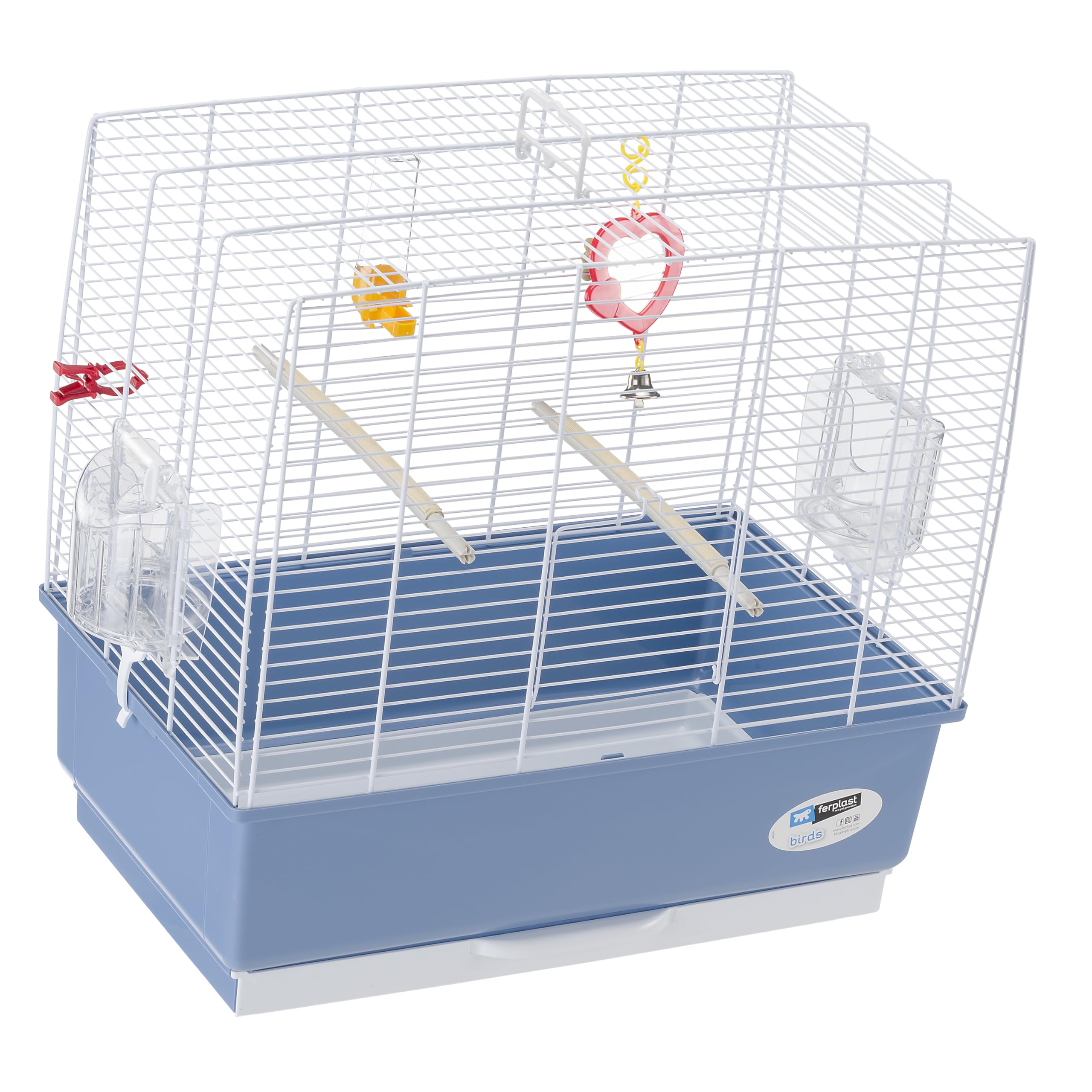 Ferplast Jaula Rectangular para pájaros exóticos y Canarios Rekord 3, con Accesorios y comederos giratorios, Robusto Alambre Pintado Blanco y cubeta de plástico Azul, 49 x 30 x h 48,5 cm