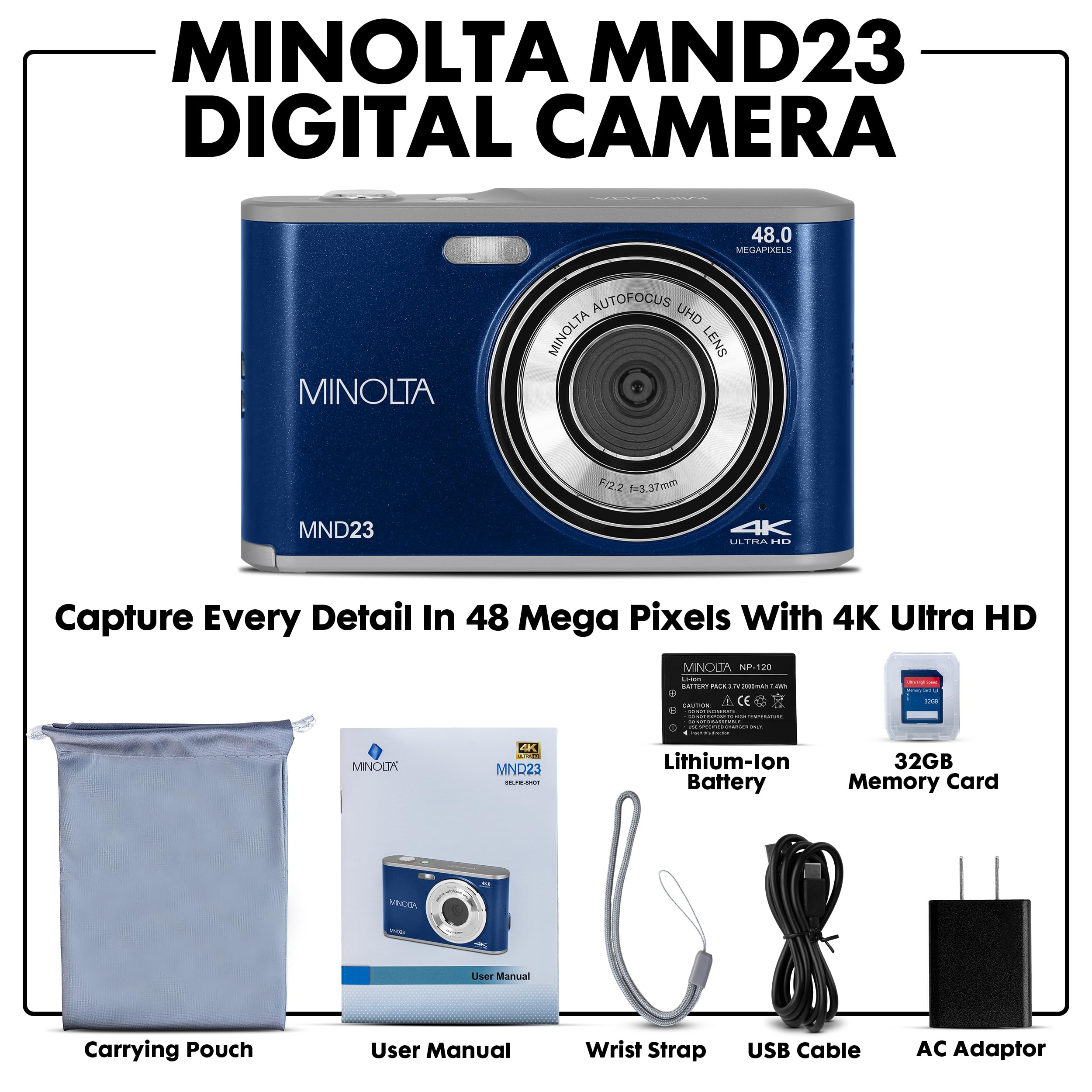 Minolta 48 Mega Pixels Point & Shoot Digital Camera with Rear Selfie Lens, Autofocus & 4K Ultra HD Video, Blue