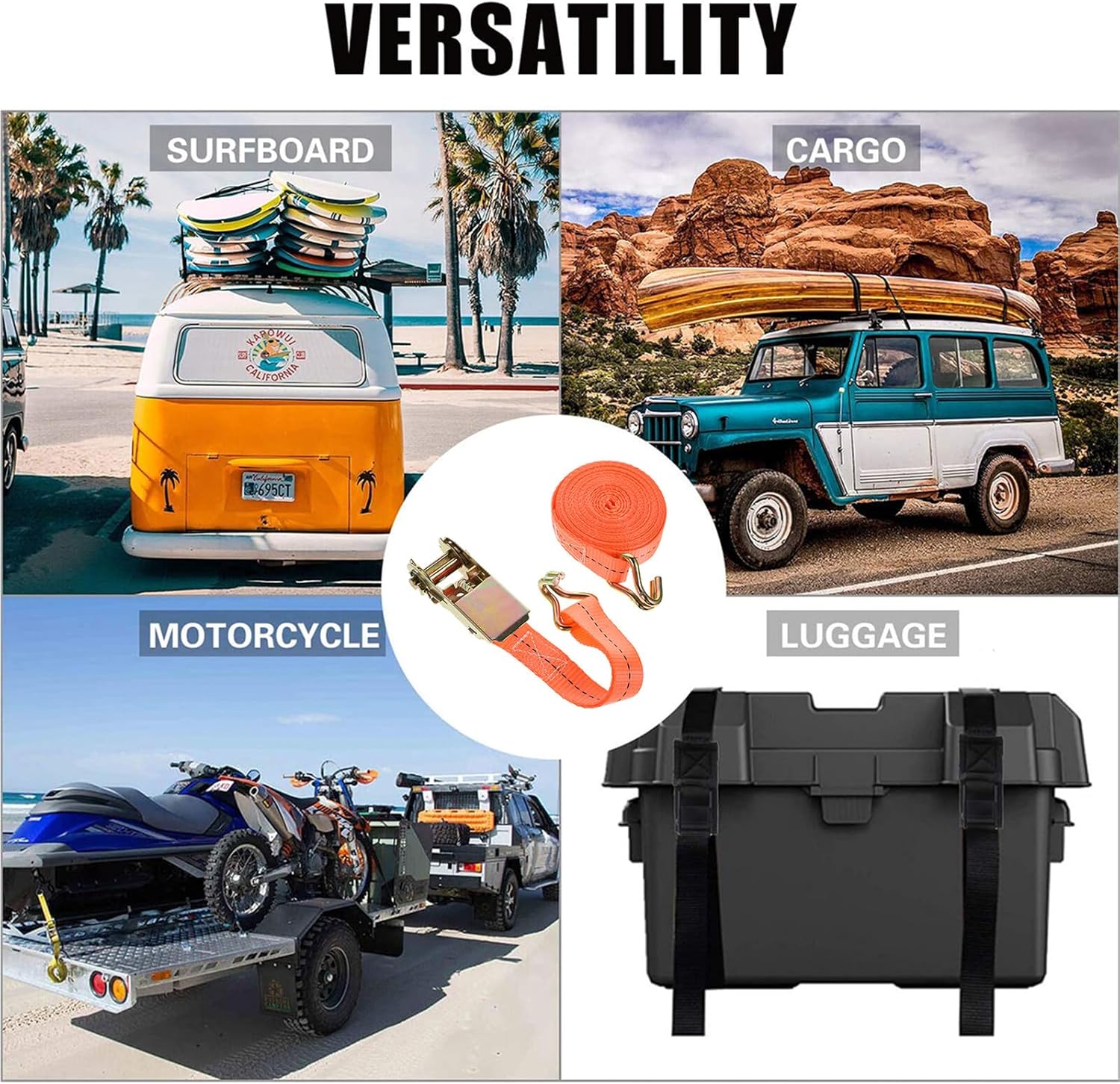 Heavy Duty Ratchet Cargo Straps Tie Down Set 4pcs Polyester 2.5cm X 6m 2.5cm Cargo Fastening Belt for Hauling and Securing Loads