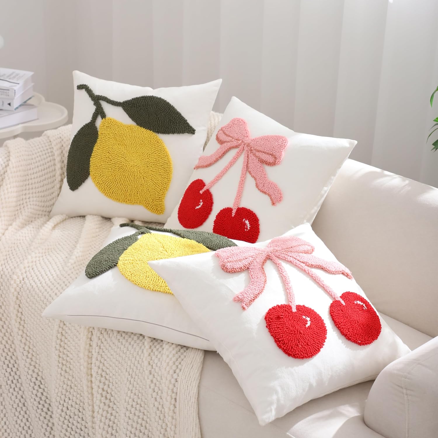 Yellow Lemon Throw Pillow Covers 18x18 Pack of 2 Embroidered Pillow Cushion Cases Farmhouse Decor Square Tufted Pillowcases for Spring Summer Sofa Couch Bedroom